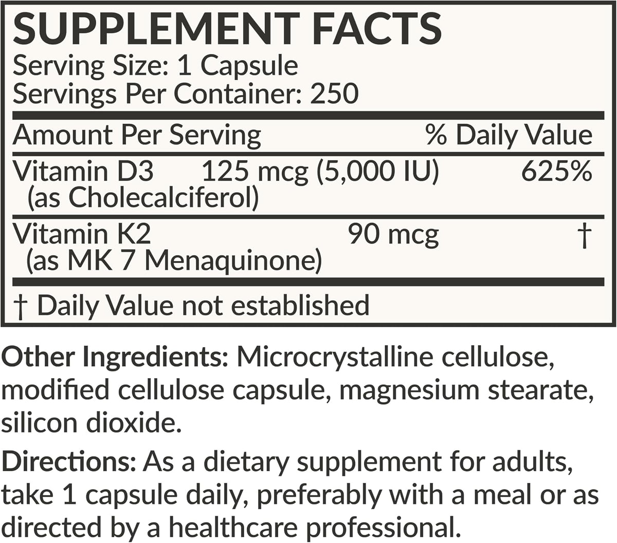 Futurebiotics Vitamina D3 + K2 (MK-7) - 5000 UI D3, 90 mcg K2 - 250 Cápsulas Vegetarianas – Image 8
