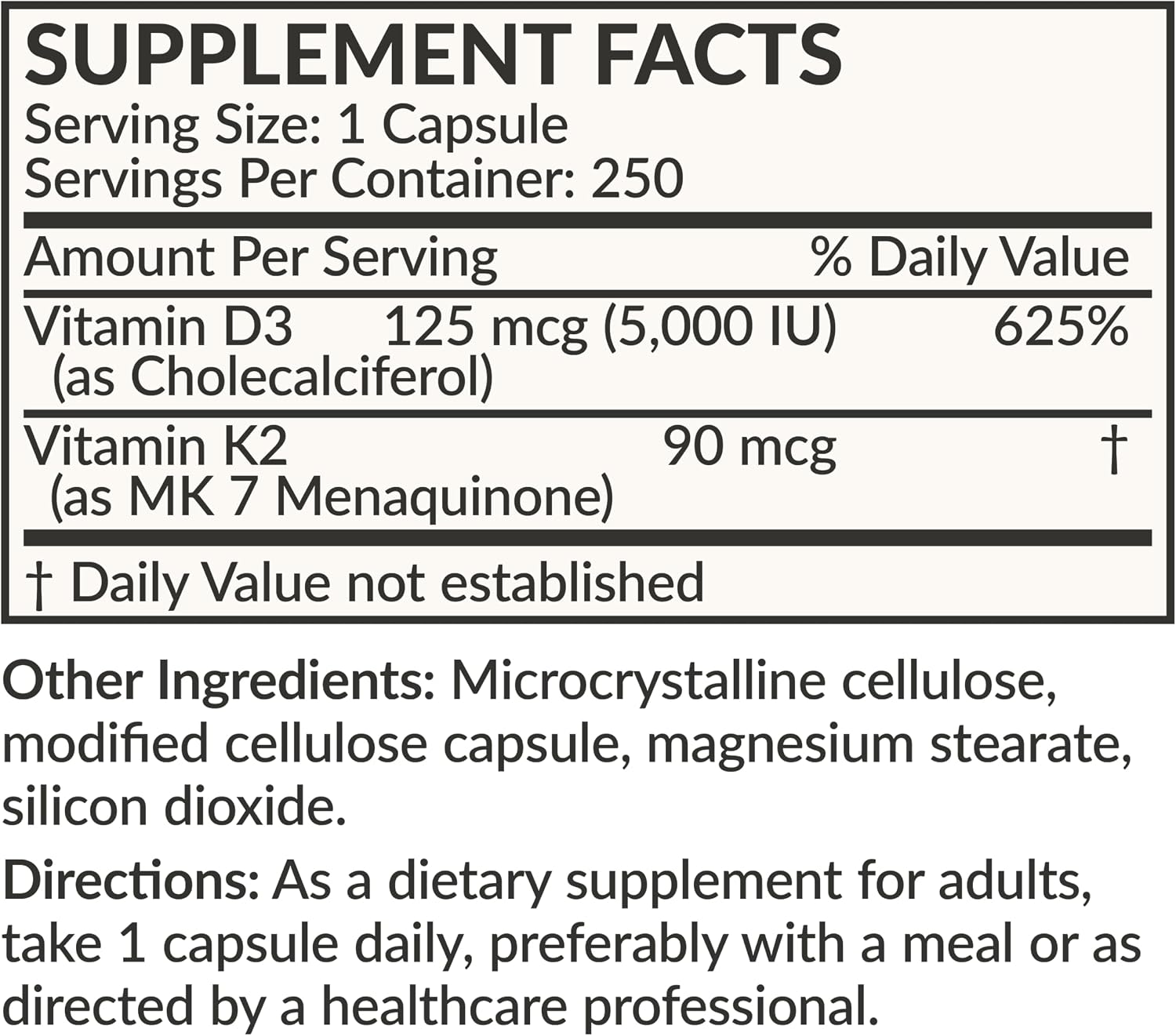 Futurebiotics Vitamina D3 + K2 (MK-7) - 5000 UI D3, 90 mcg K2 - 250 Cápsulas Vegetarianas
