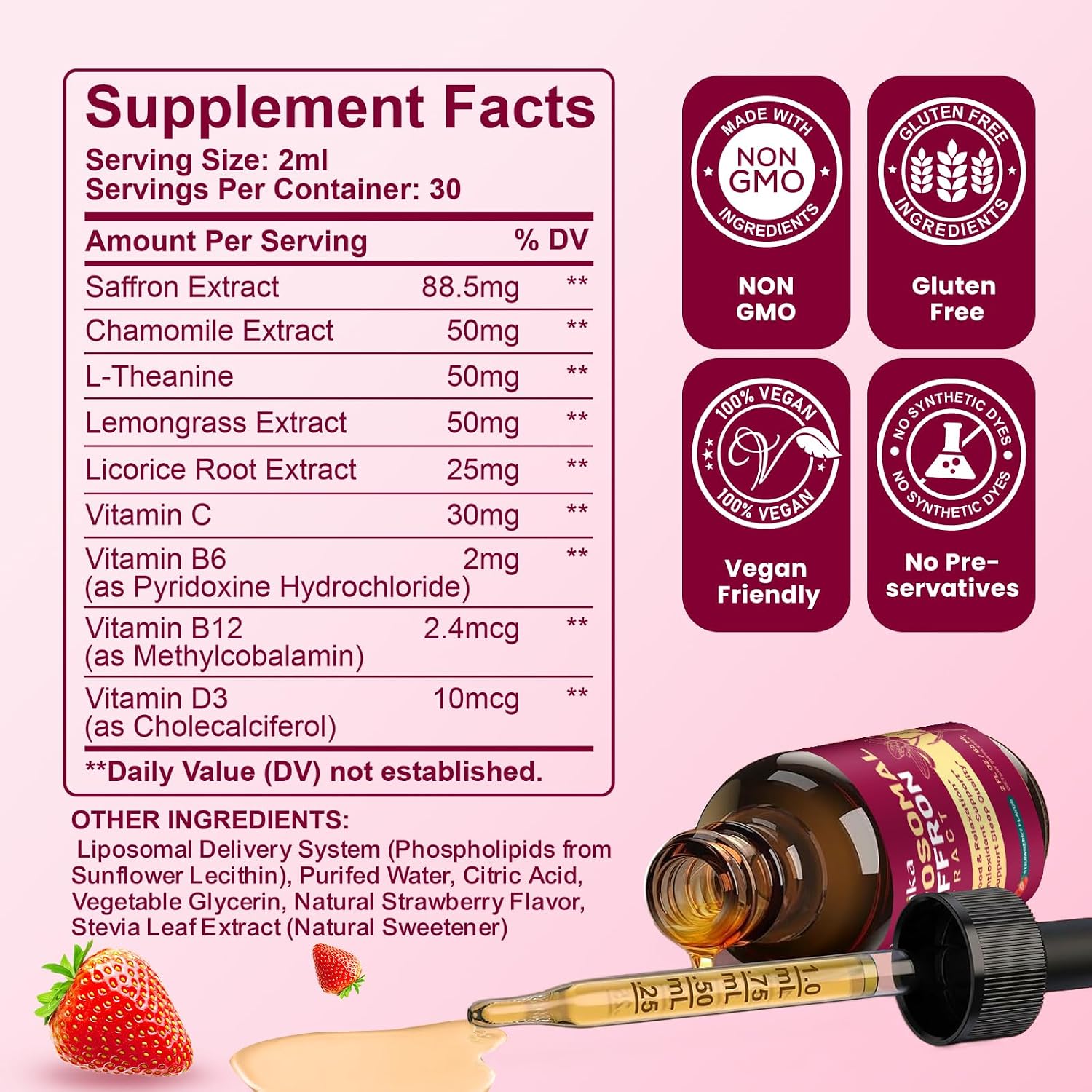 Hovika Suplemento de Azafrán Liposomal - 88.5 mg Extracto de Azafrán con L-Teanina, Manzanilla, Vitaminas C, B6, B12 y D3 - Apoyo al Estado de Ánimo, Energía y Enfoque - 60 ml Sabor Fresa