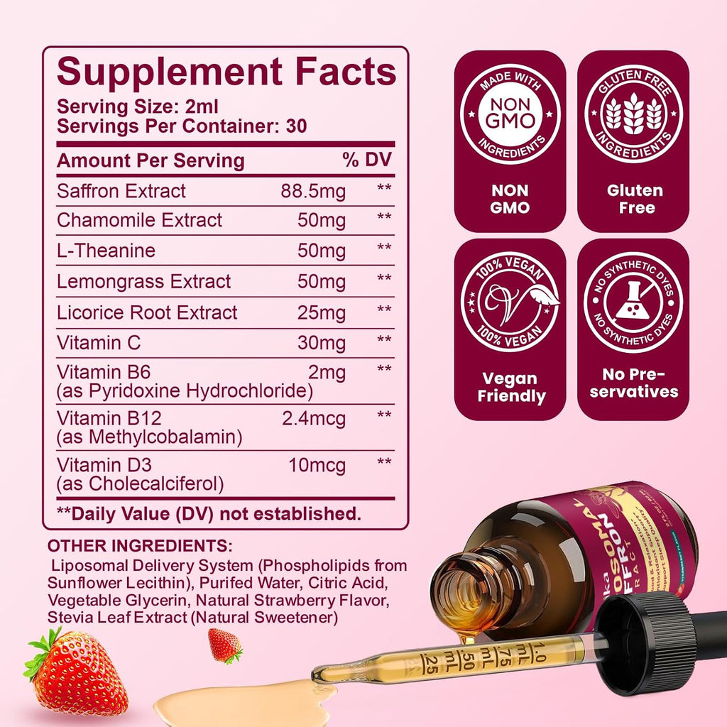 Hovika Suplemento Liposomal de Azafrán 88.5mg - 2 Pack con L-Teanina, Manzanilla, Vitaminas C, B6, B12 y D3 - Sabor Fresa