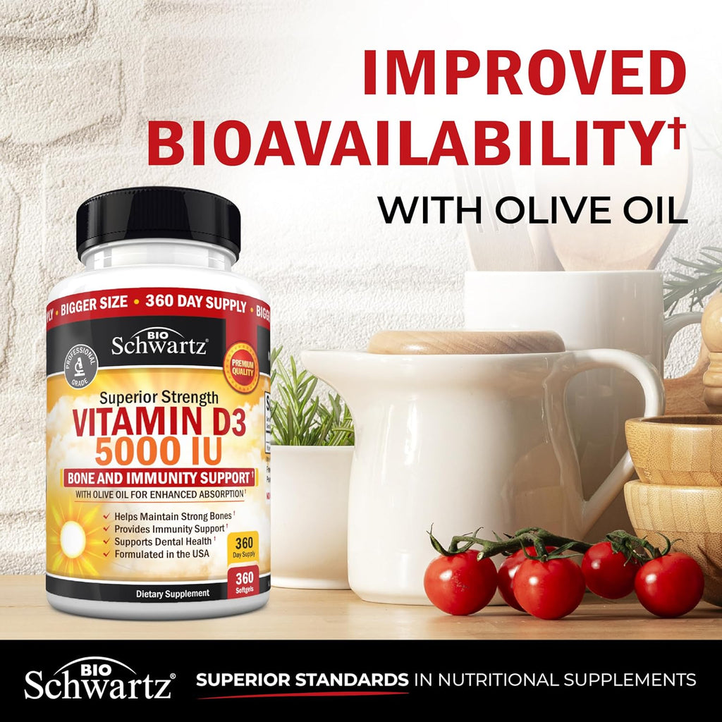 BioSchwartz Vitamina D3 5000 IU - 360 Cápsulas Blandas con Aceite de Oliva