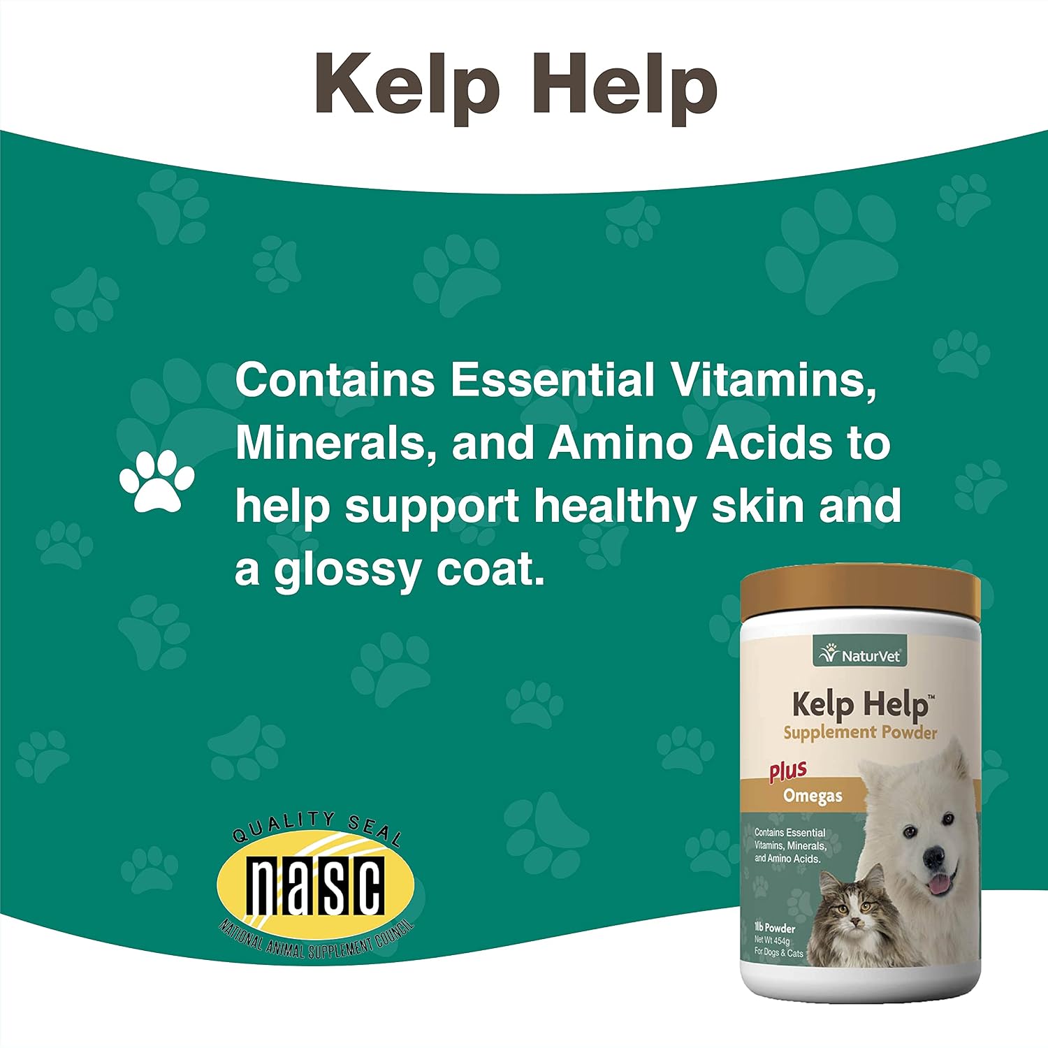NaturVet Kelp Help Plus Omegas - Suplemento para la piel y el pelaje para perros y gatos, en polvo, 454 g