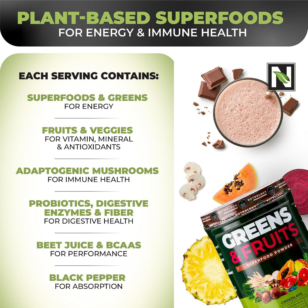 Nutrology Greens & Fruits Powder - Mezcla de frutas y verduras, remolacha, setas, probióticos, enzimas digestivas, fibra, antioxidantes - Sabor Chocolate - 30 raciones