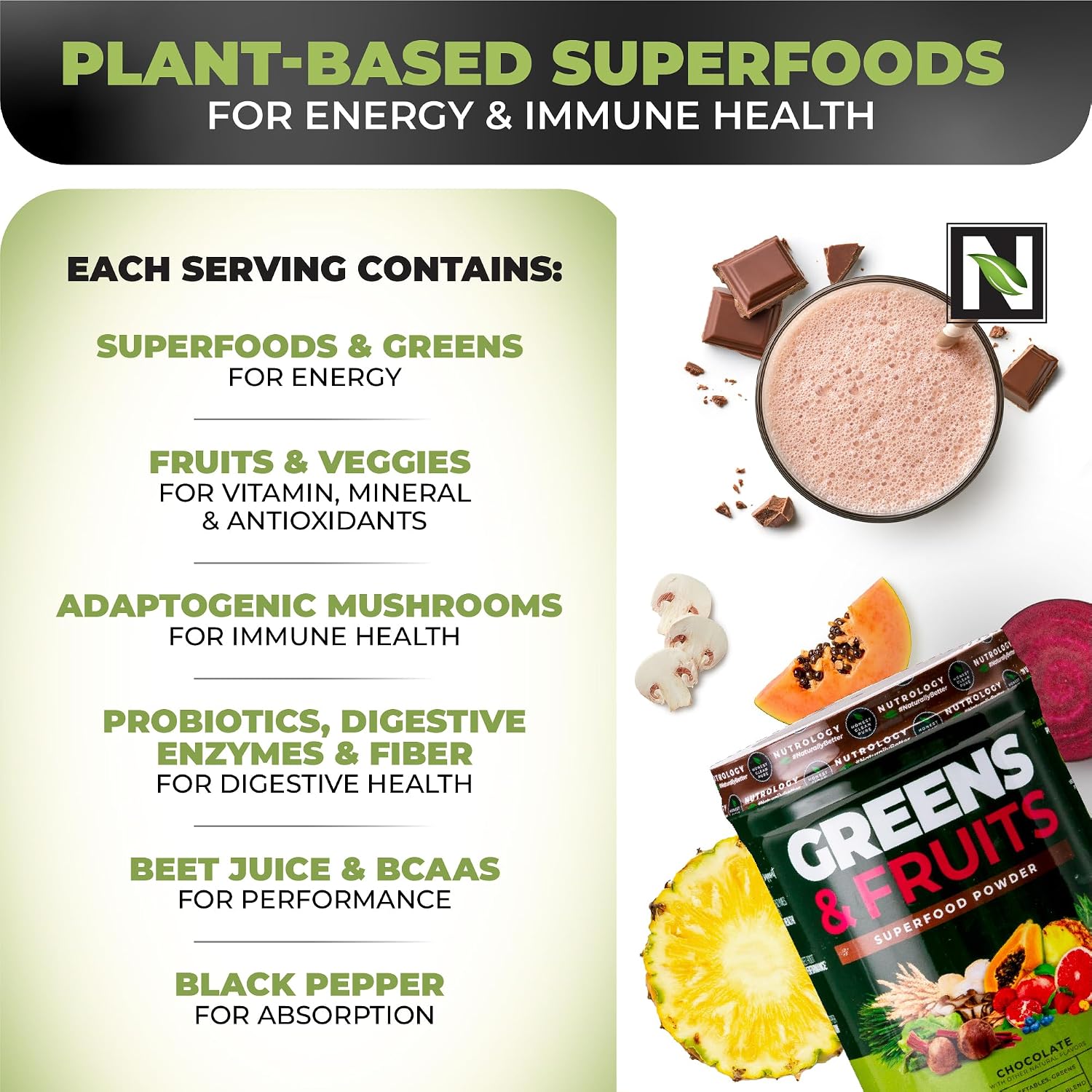 Nutrology Greens & Fruits Powder - Mezcla de frutas y verduras, remolacha, setas, probióticos, enzimas digestivas, fibra, antioxidantes - Sabor Chocolate - 30 raciones