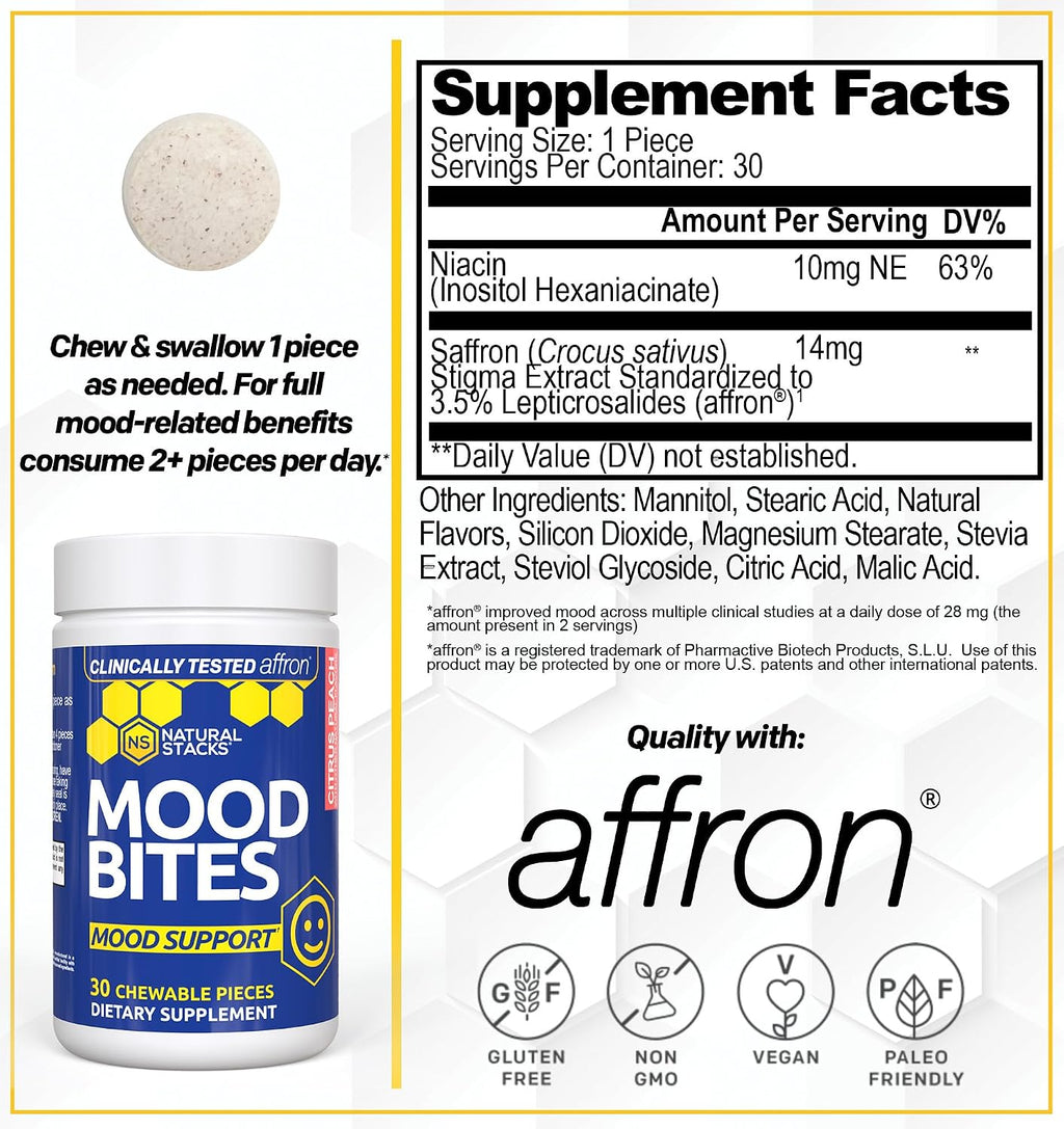 Mood Bites - Suplemento de Azafrán y Vitamina B3 para el Estado de Ánimo y Estrés - 30 Comprimidos Masticables Sabor Melocotón Cítrico