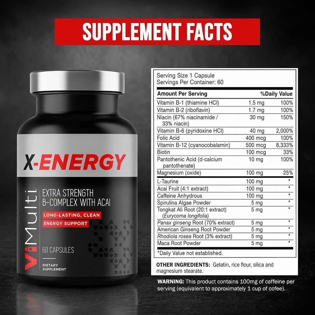 ViMulti X-Energy Complejo de Vitaminas B en Cápsulas con Cafeína, Taurina, Magnesio, Extracto de Acai, Ginseng, Rodiola, Maca, Espirulina, Tongkat Ali, B1, B6, B12, Suplemento Dietético de Folato - 60 Cápsulas
