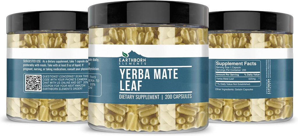Earthborn Elements Yerba Mate en Cápsulas - 200 Cápsulas, Puro y sin Aditivos