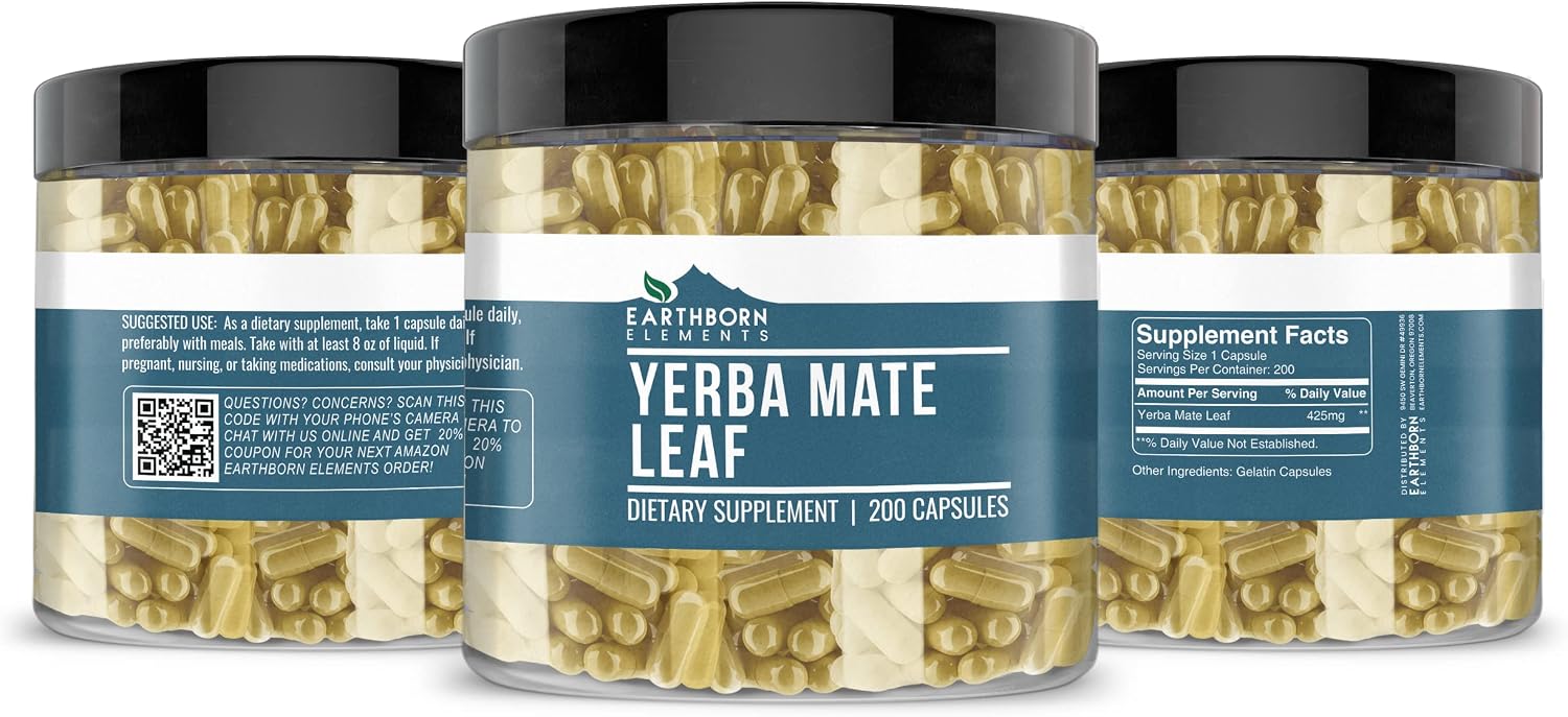 Earthborn Elements Yerba Mate en Cápsulas - 200 Cápsulas, Puro y sin Aditivos