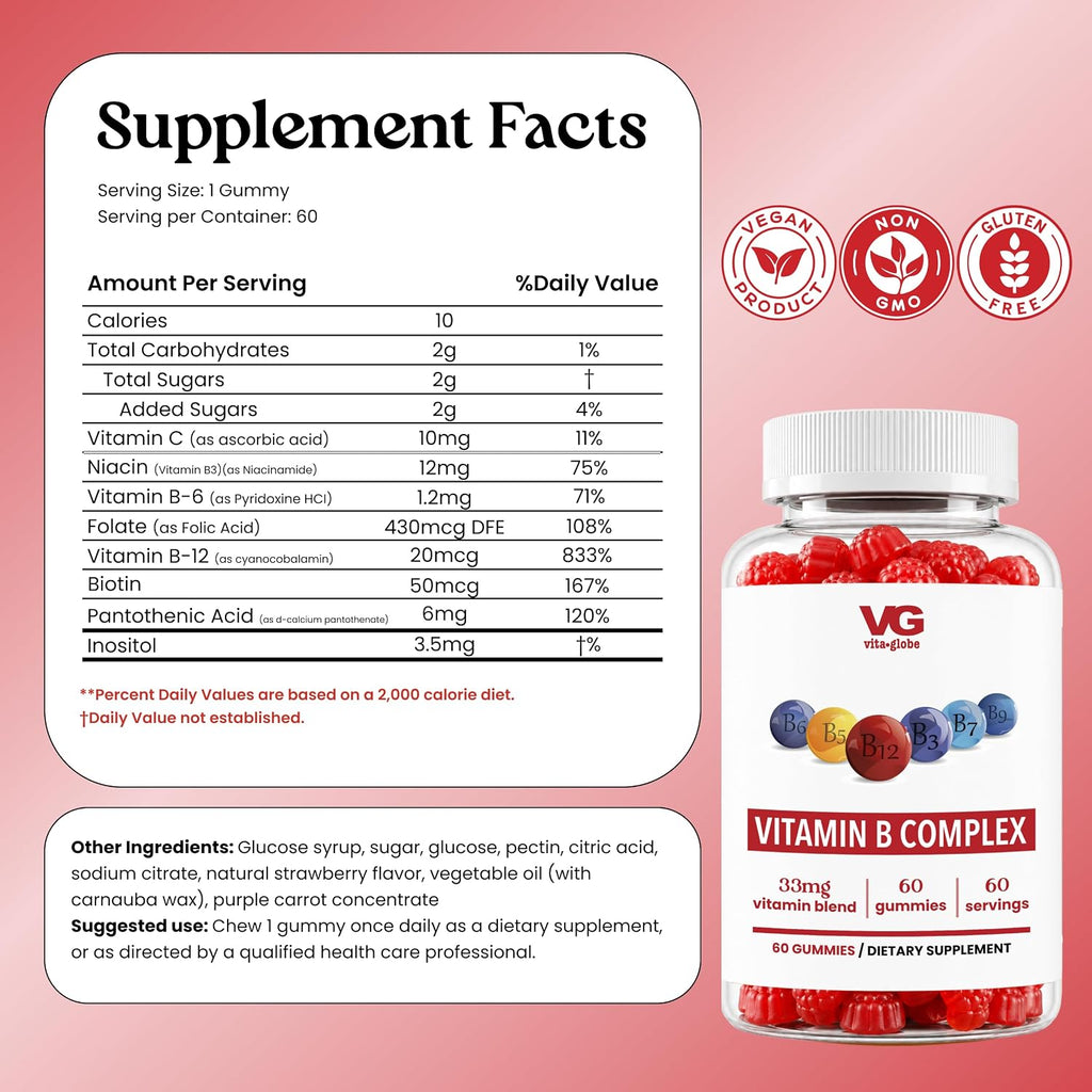VITA GLOBE Complejo B + Vitamina C Gomitas - Sabor Fresa, 60 uds