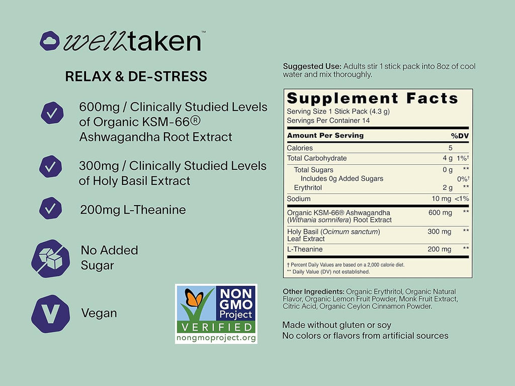 WellTaken Ashwagandha Relax & De-Stress Powder - Limón y Lavanda - 14 sobres