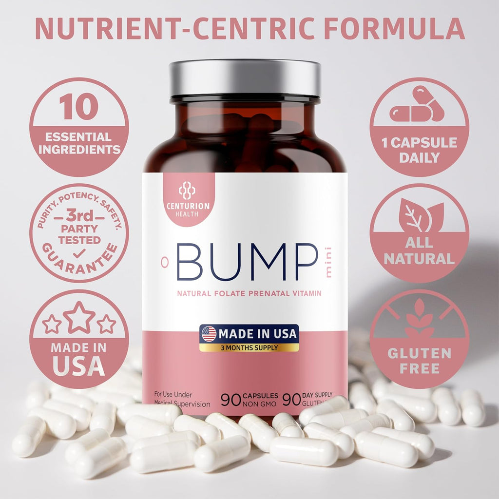 Centurion Health Bump Mini Vitaminas Prenatales Completas para Mujeres con Folato, Colina, Hierro Carbonilo, Zinc, Vitamina D3 y Vitamina B12, 90 Cápsulas