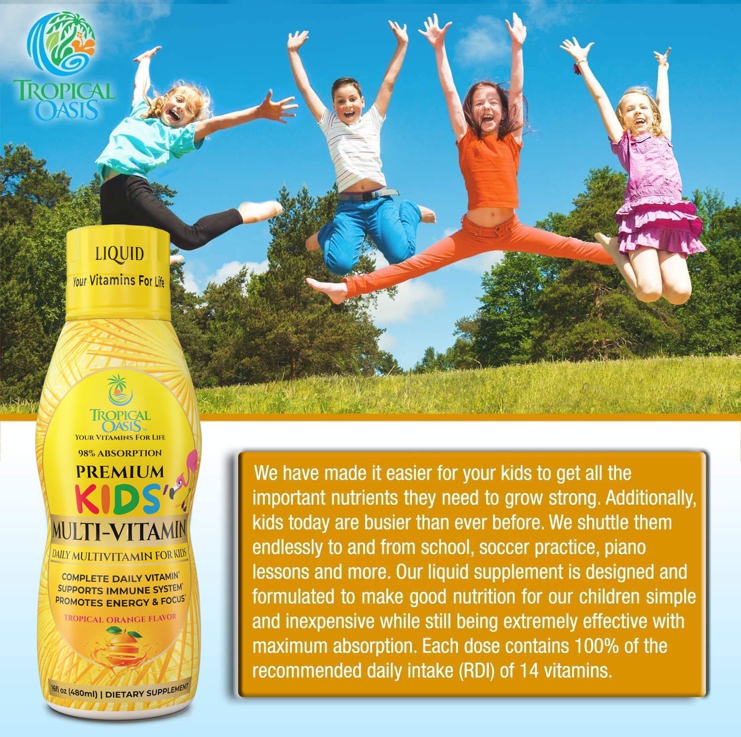 Multivitamínico Líquido Premium para Niños - 14 Vitaminas, Sin Azúcar, Sabor Natural - 473 ml