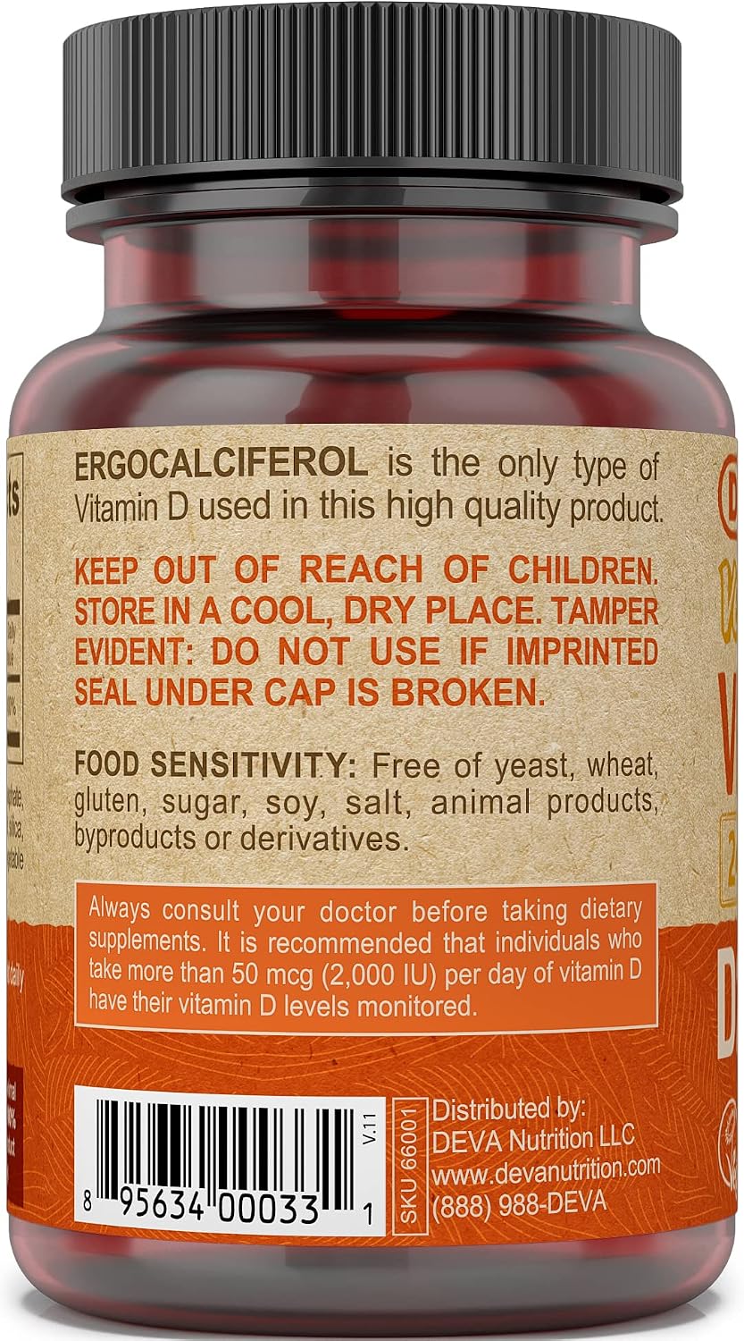 Deva Vitamina D2 Vegana 60 mcg (2400 UI), Suplemento de Ergocalciferol sin Ingredientes Animales, 90 Comprimidos
