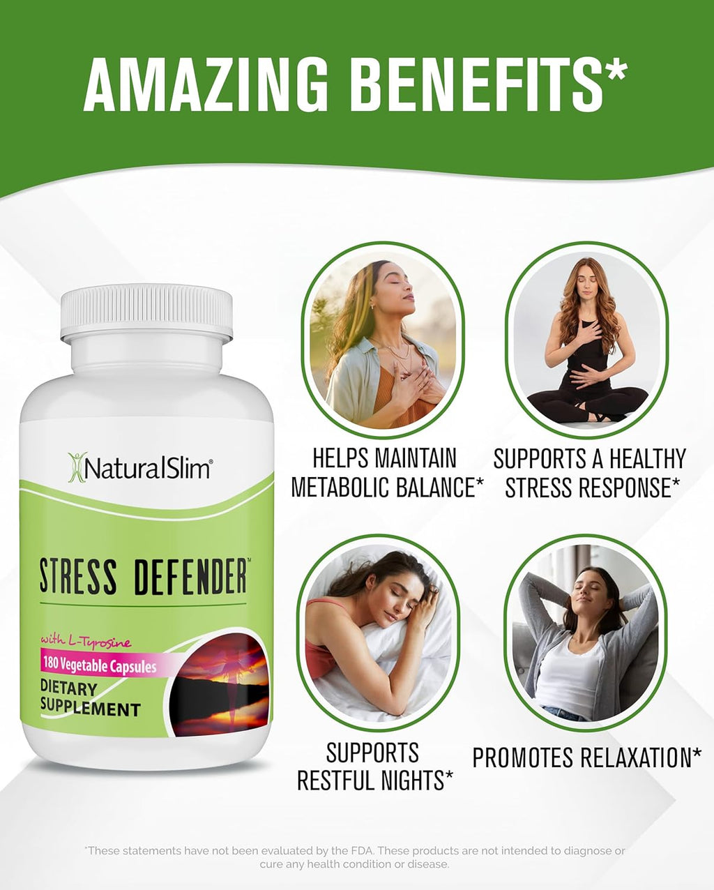 NaturalSlim Stress Defender | Reductor de Cortisol y Alivio del Estrés | Apoyo al Estado de Ánimo, Sueño y Metabolismo | Vitamina B5 y L-Tirosina | 180 Cápsulas Vegetales