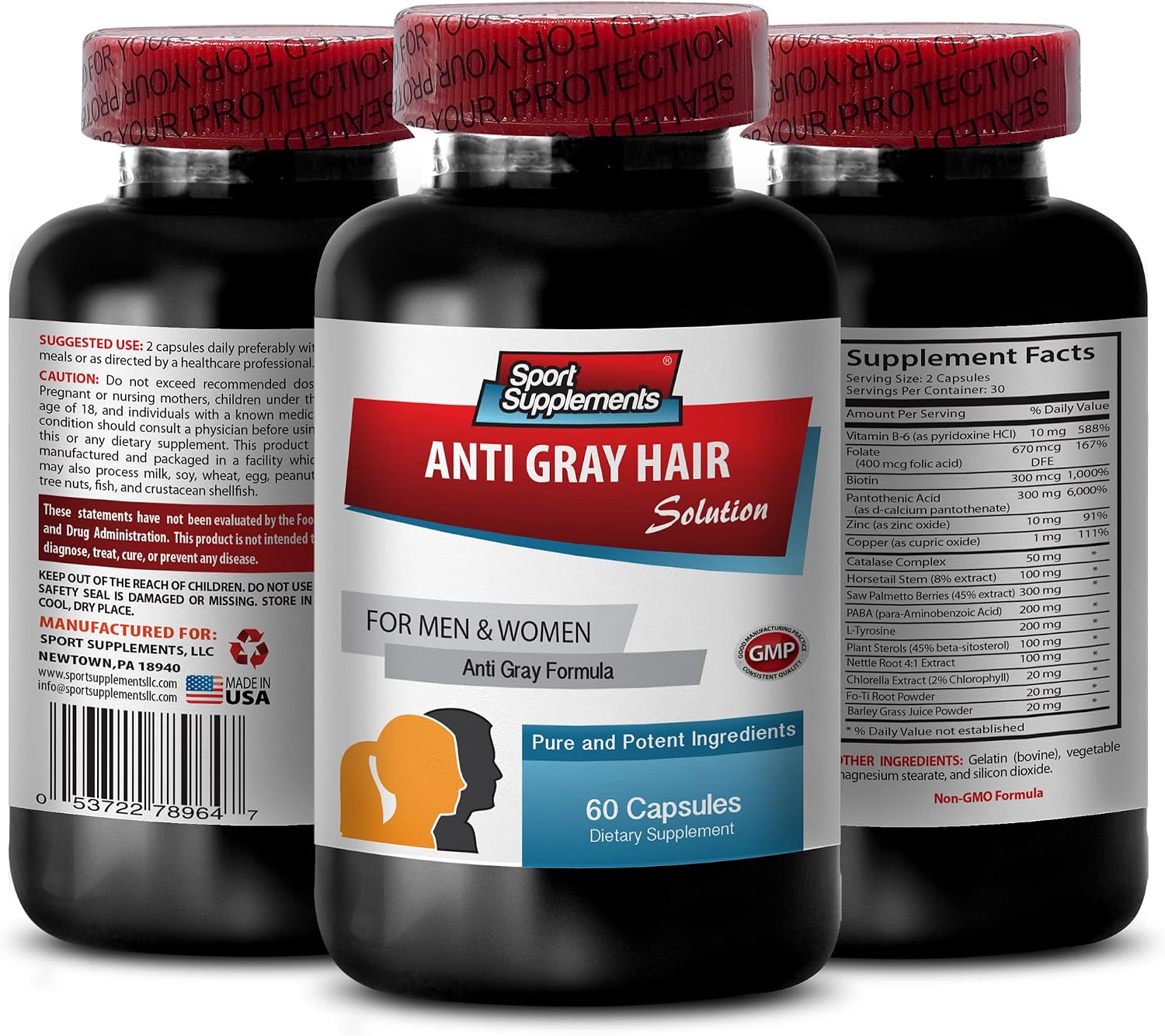 Restore Hair Growth - Fórmula Natural Anticanas - Suplemento de Biotina, Ácido Fólico y Clorofila - 180 Cápsulas (3 Frascos)