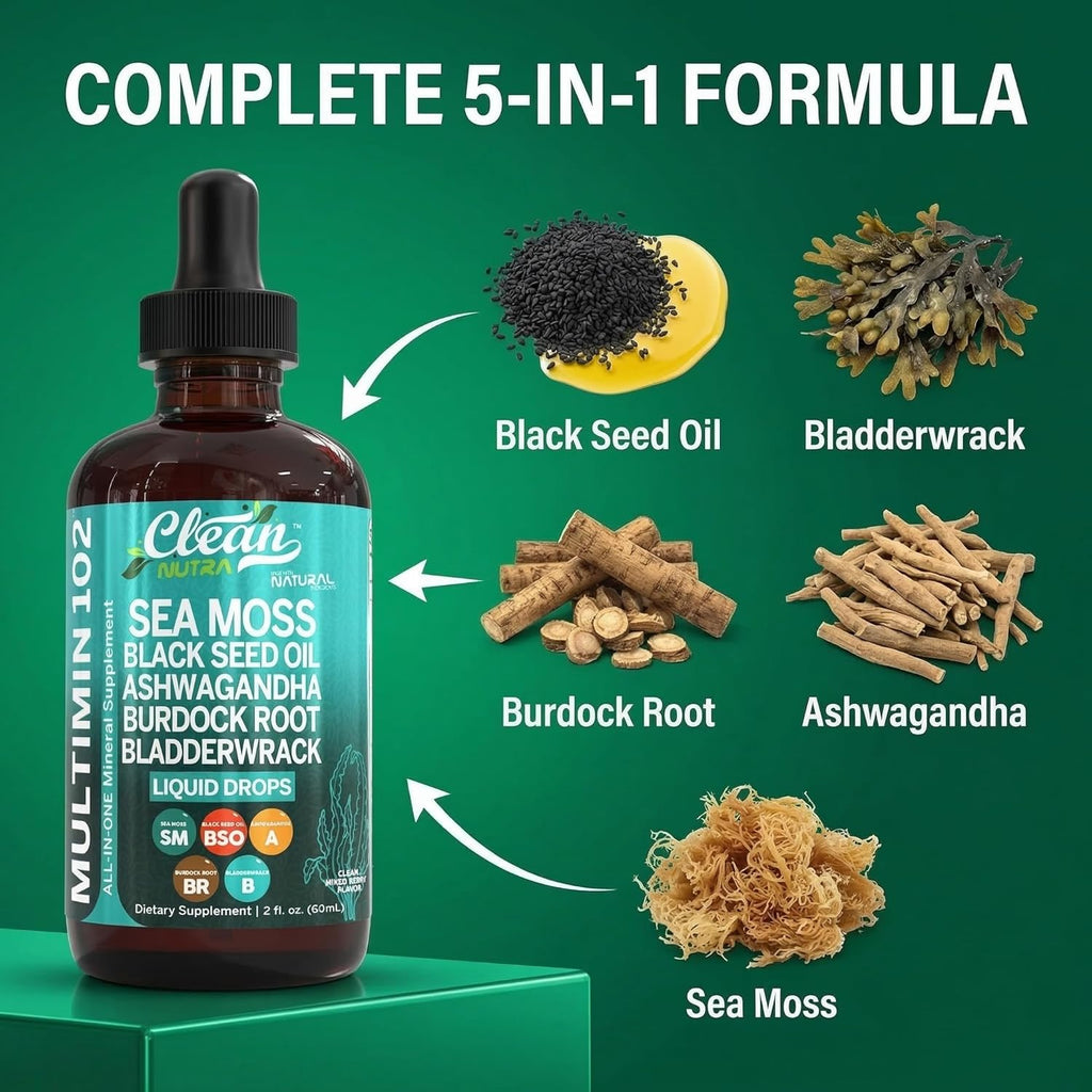 Clean Nutra Organic Sea Moss Drops - Multimineral Líquido con Ashwagandha y Aceite de Nigella