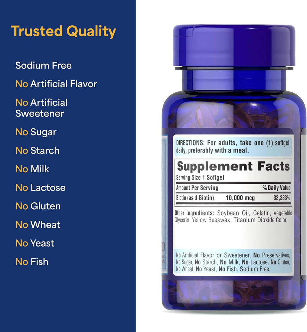 Puritan's Pride Biotina 10.000 mcg, 100 Cápsulas Blandas de Liberación Rápida