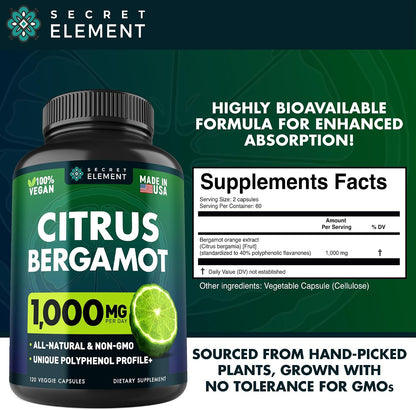Citrus Bergamot Extract 1000mg – Cápsulas de Bergamota Cítrica para Bienestar Diario, Antioxidante, Sin Gluten, Vegano, 120 – Image 3