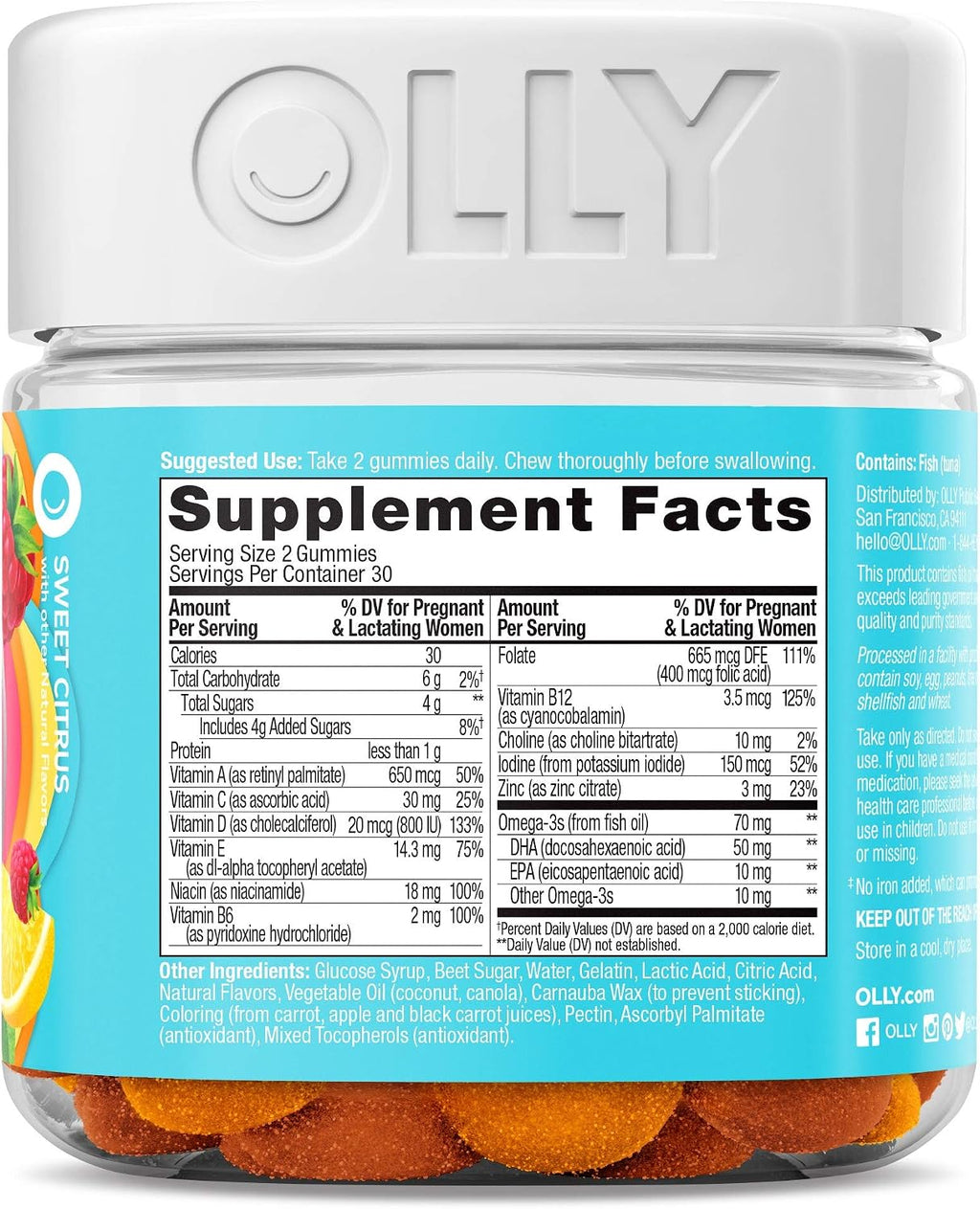OLLY Vitaminas Prenatales en Gomitas, Ácido Fólico, DHA, Vitamina D, Pack de 3 (180 gomitas), Sabor Cítrico