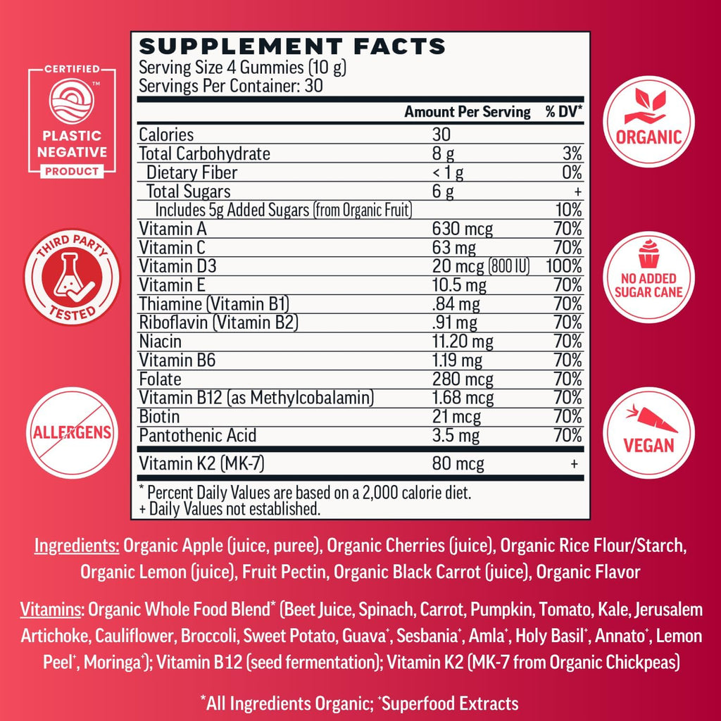 Llama Naturals Multivitamínico para Mujeres y Hombres, Gominolas Veganas Orgánicas, 120 unidades, Sabor Cereza