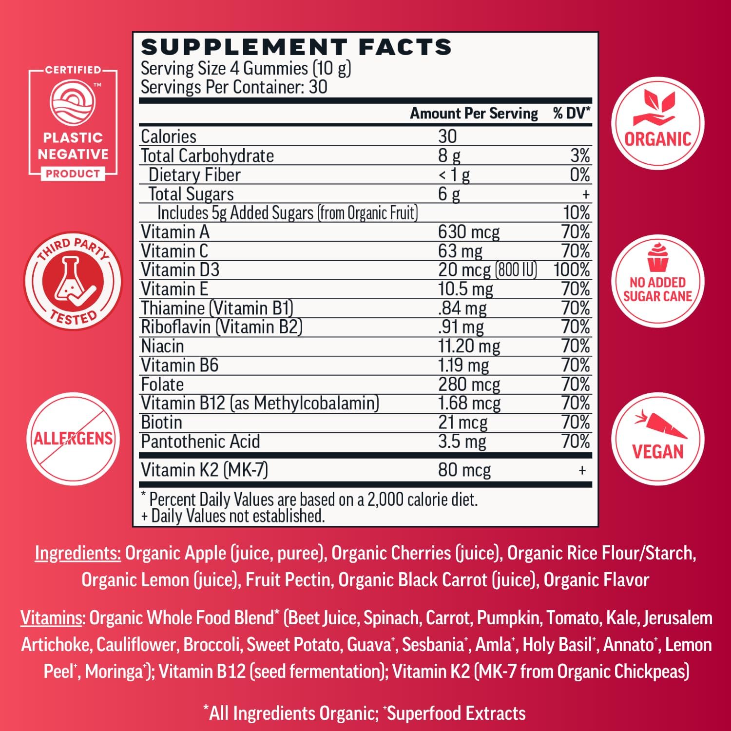 Llama Naturals Multivitamínico para Mujeres y Hombres, Gominolas Veganas Orgánicas, 120 unidades, Sabor Cereza