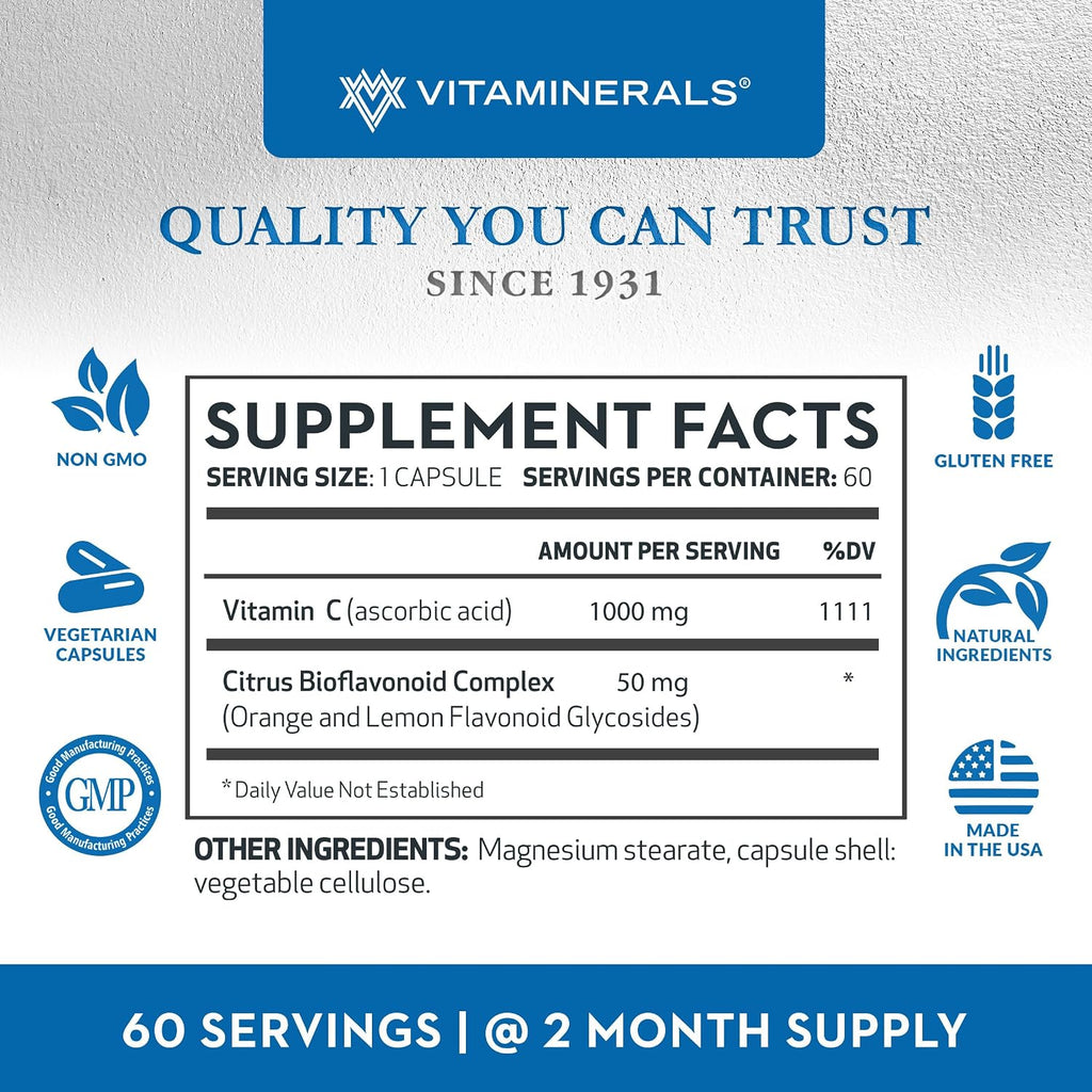 Vitaminerals C MAX Antioxidant Support 1000 mg Vitamina C con Bioflavonoides - 60 Cápsulas Vegetarianas