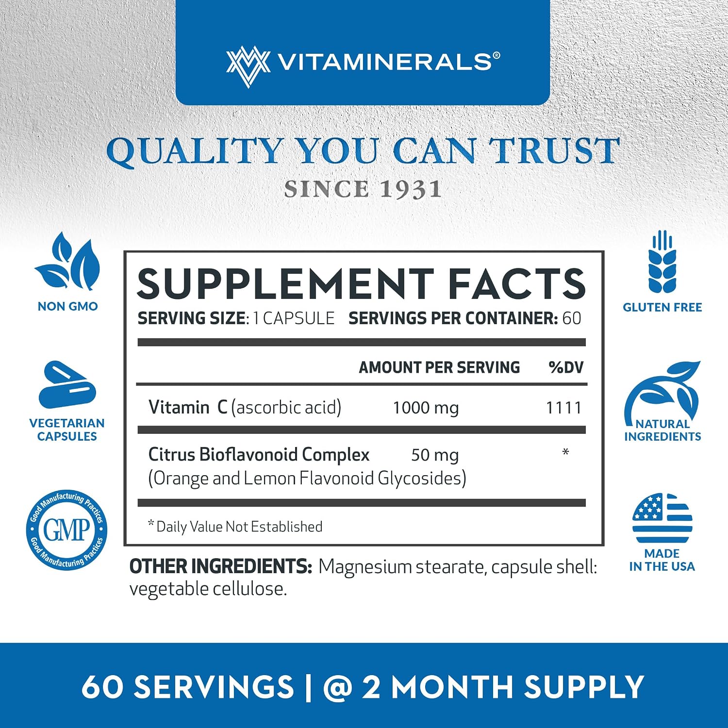 Vitaminerals C MAX Antioxidant Support 1000 mg Vitamina C con Bioflavonoides - 60 Cápsulas Vegetarianas