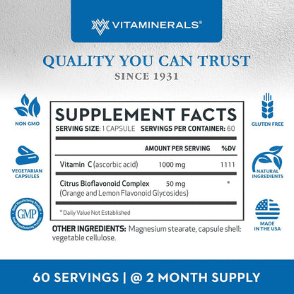 Vitaminerals C MAX Antioxidant Support 1000 mg Vitamina C con Bioflavonoides - 60 Cápsulas Vegetarianas – Image 2