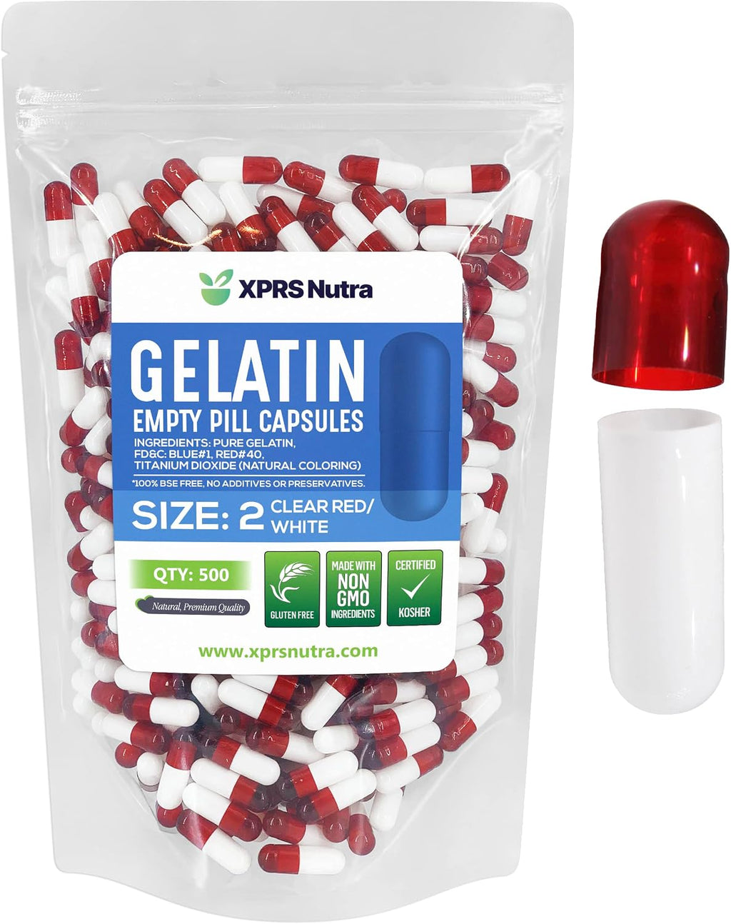 XPRS Nutra Cápsulas Vacías de Gelatina Tamaño 2 - 500 Unidades - Cápsulas Gelatinosas Vacías para Rellenar - Cápsulas de Gelatina Bovina Pura para Suplementos Caseros (Rojo Claro/Blanco)