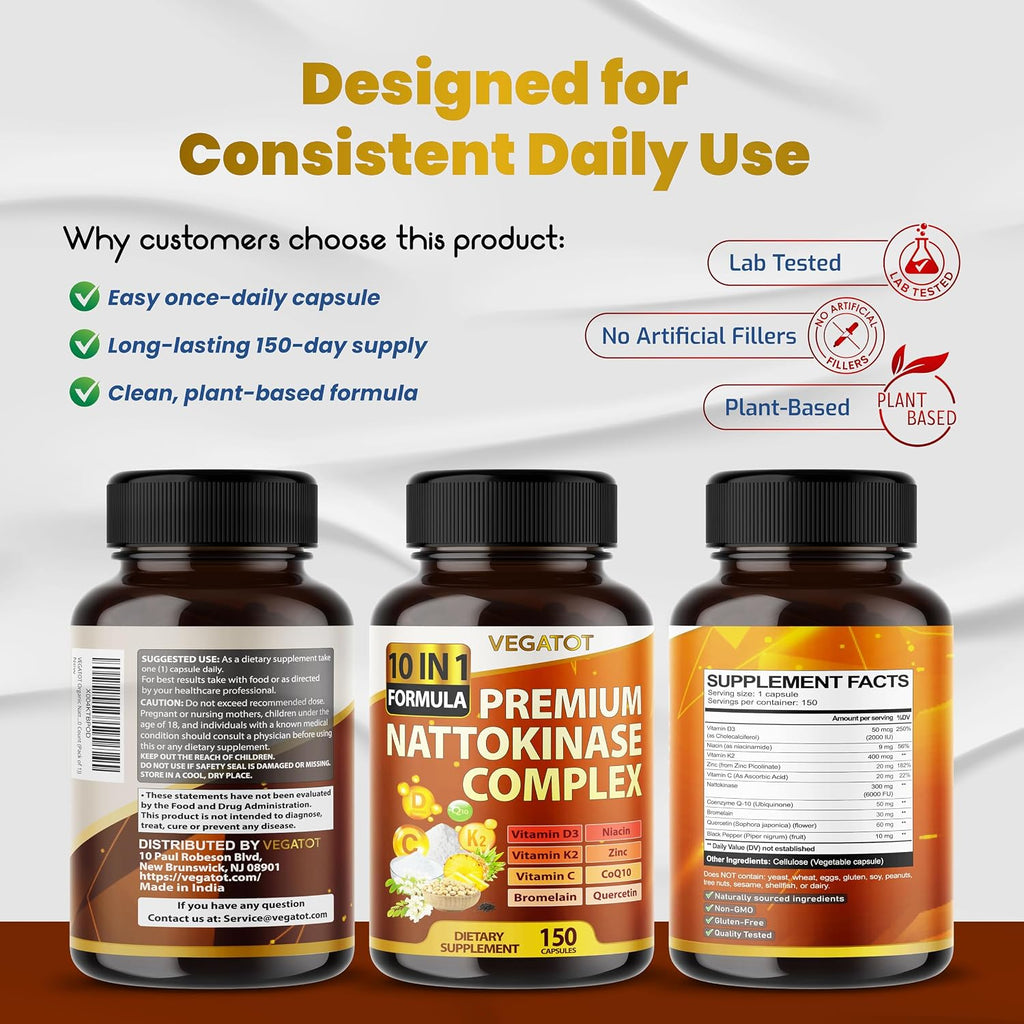 Vegatot Nattokinase Supplement, 10-in-1 Nattokinase Complex 6000 FU with Vitamin K2, CoQ10, Quercetin, Bromelain, & Niacin, Daily Enzyme & Wellness Support*, 150 Capsules, Non-GMO, Gluten Free