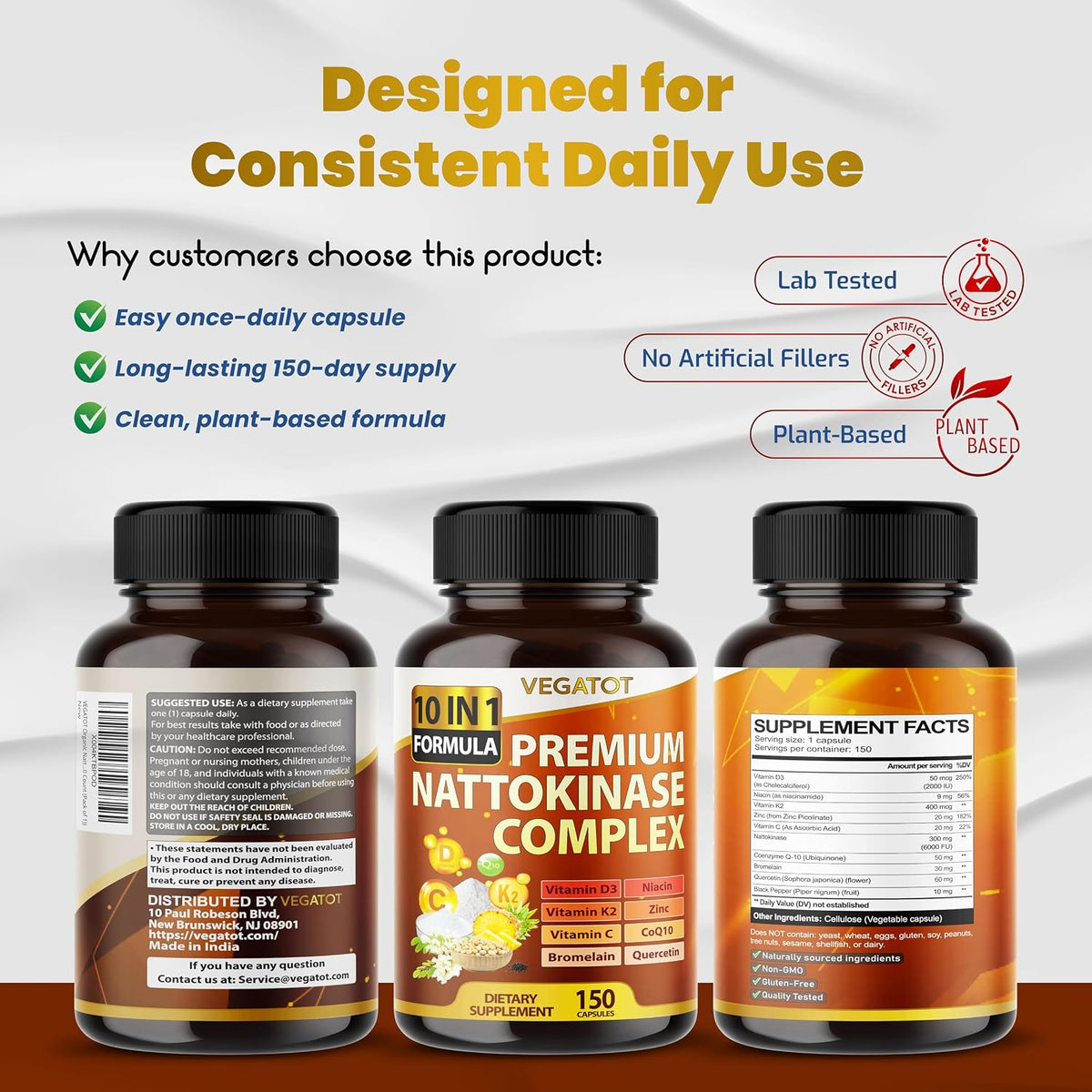Vegatot Nattokinase Supplement, 10-in-1 – Niacina (vitamina B3): Contribuye al metabolismo energético normal y al – Image 8