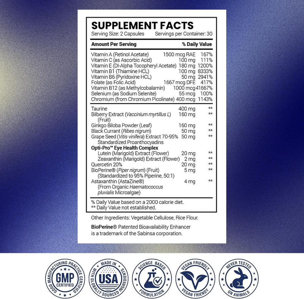 Research Verified Eye Health - Complejo para la Visión con Vitaminas A, B, C, E, Selenio y Quercetina - 60 Cápsulas