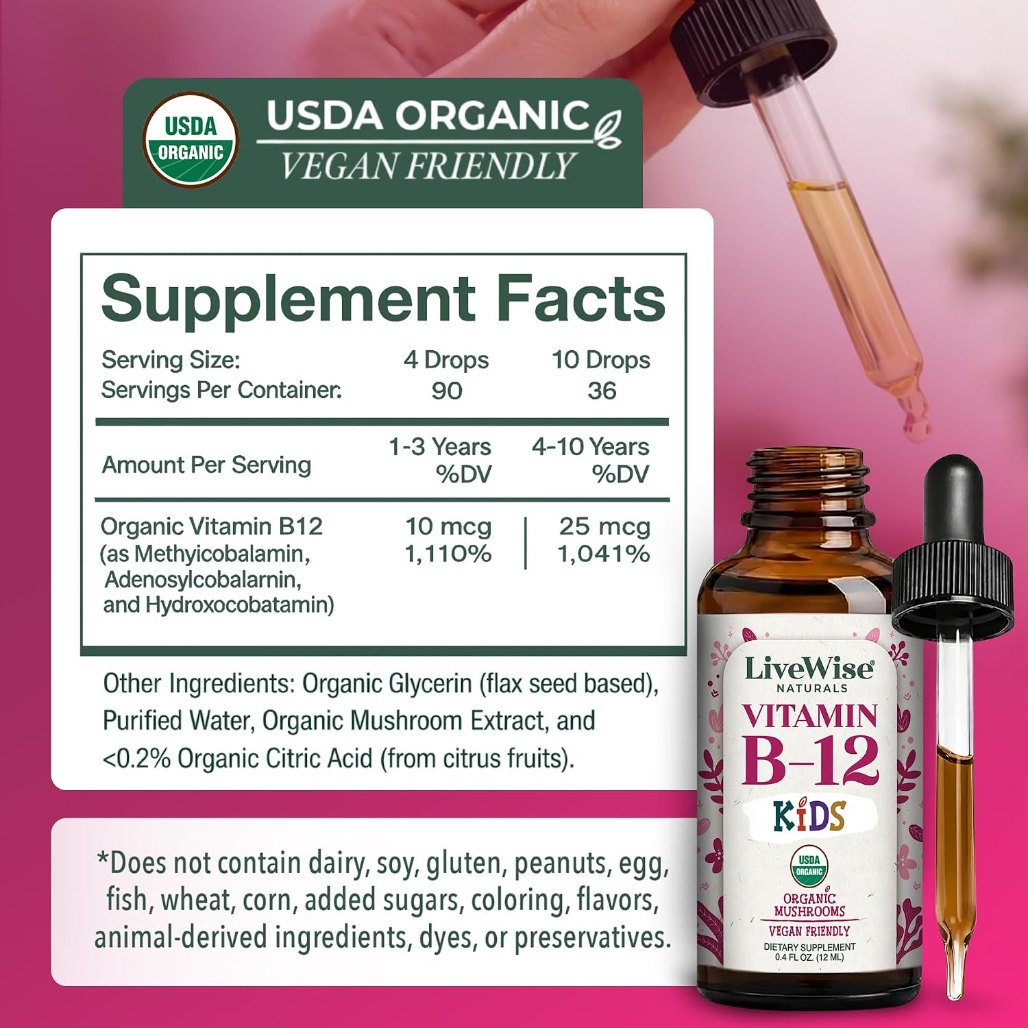 Live Wise Naturals Gotas de Vitamina B12 para Niños - 5mcg por 2 gotas - Vegano, Sin Gluten, No GMO
