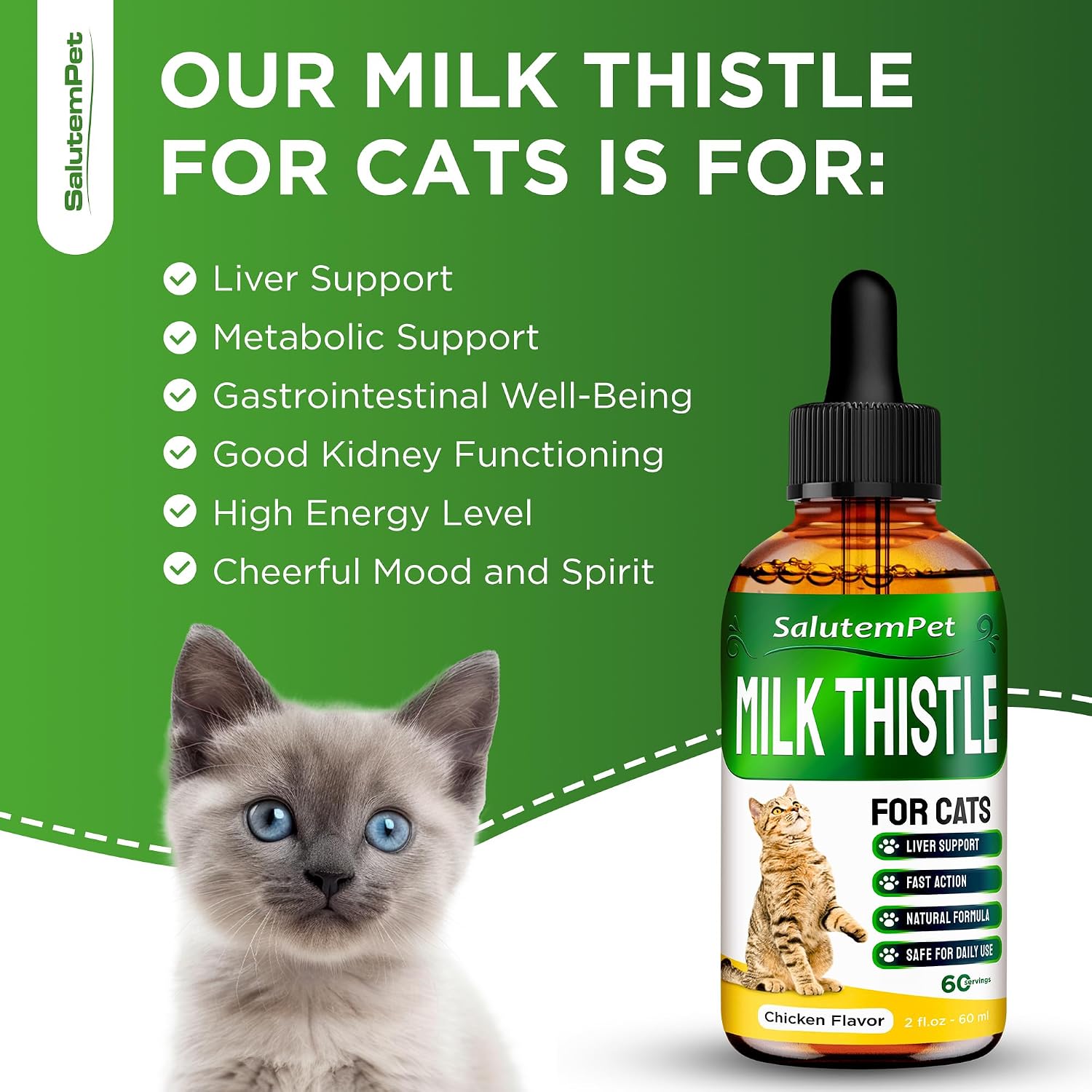 SalutemPet Cat Kidney Support - Cardo Mariano para Gatos - Suplemento Herbal para Riñones e Hígado - Sabor a Pollo - 2 oz