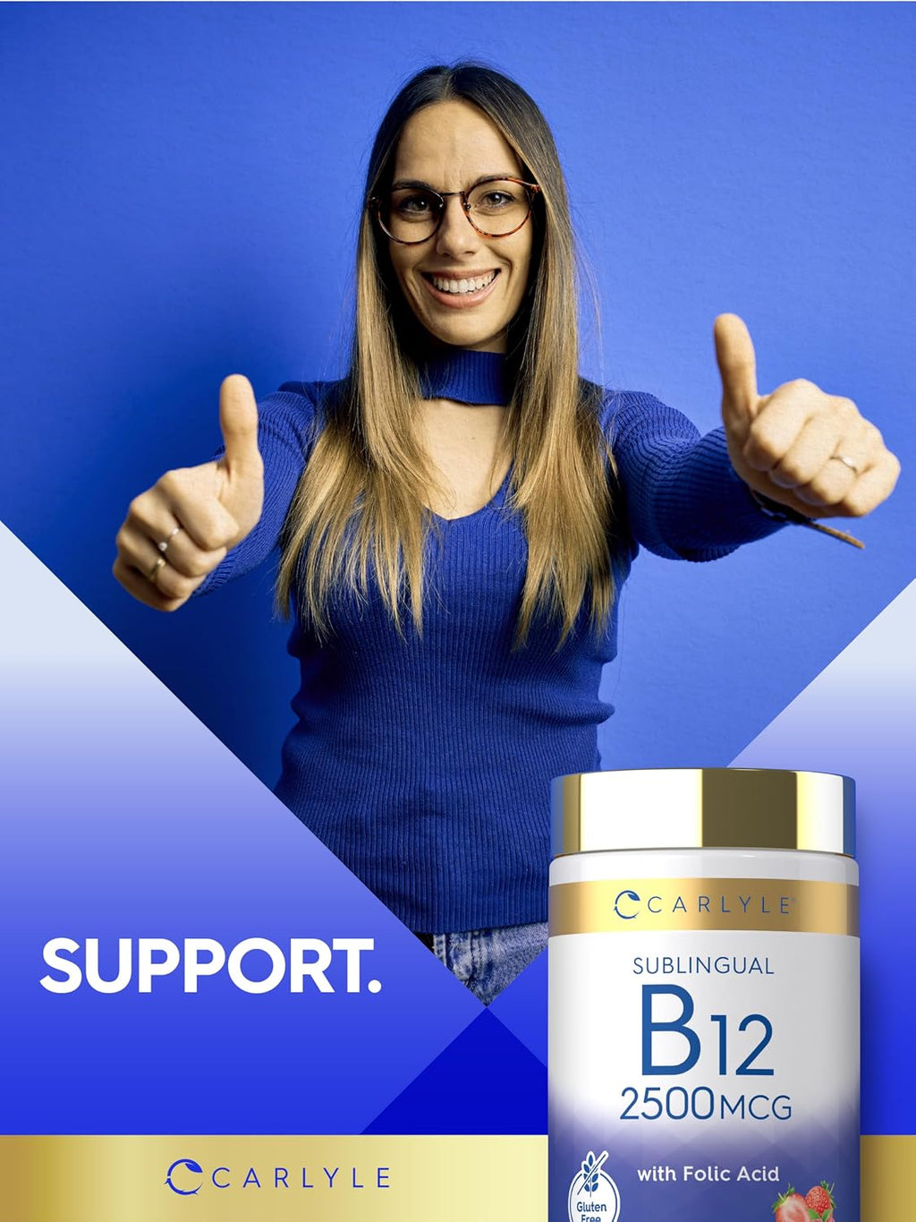 Carlyle Vitamina B12 Sublingual 2500 mcg + Ácido Fólico - 250 Comprimidos de Disolución Rápida Sabor Berry - Vegano, No-GMO, Sin Gluten