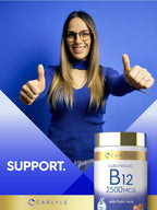 Carlyle Vitamina B12 Sublingual 2500 mcg + Ácido Fólico - 250 Comprimidos de Disolución Rápida Sabor Berry - Vegano, No-GMO, Sin Gluten