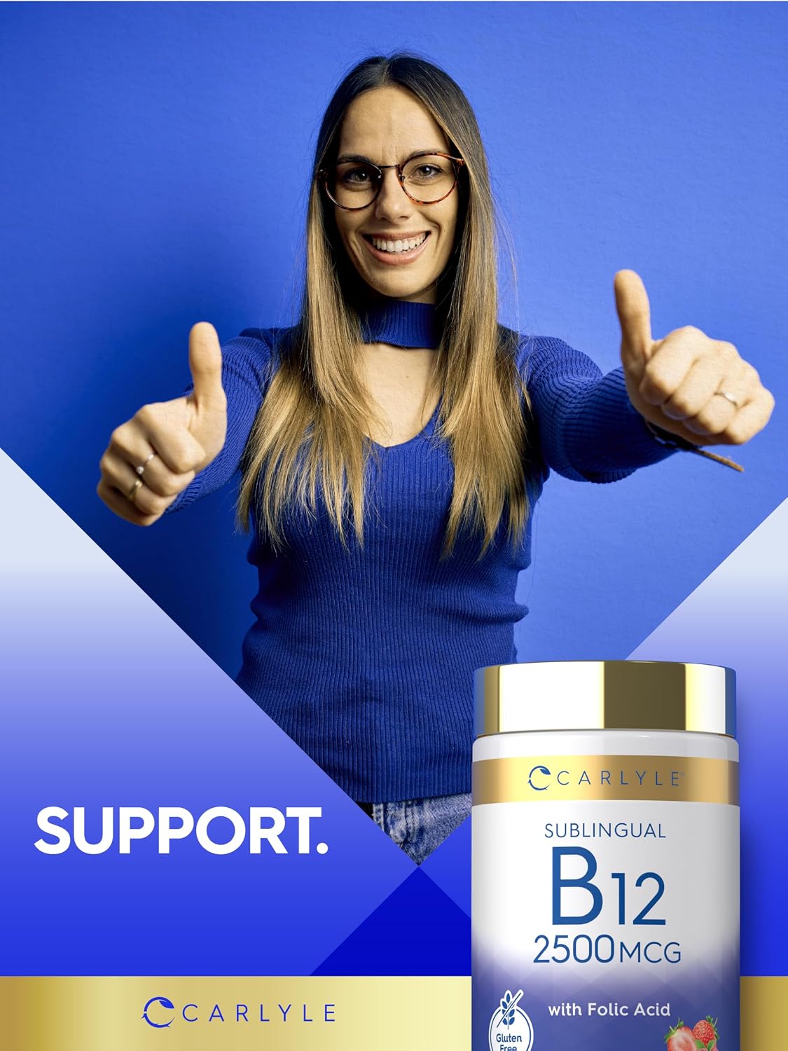 Carlyle Vitamina B12 Sublingual 2500 mcg + Ácido Fólico - 250 Comprimidos de Disolución Rápida Sabor Berry - Vegano, No-GMO, Sin Gluten
