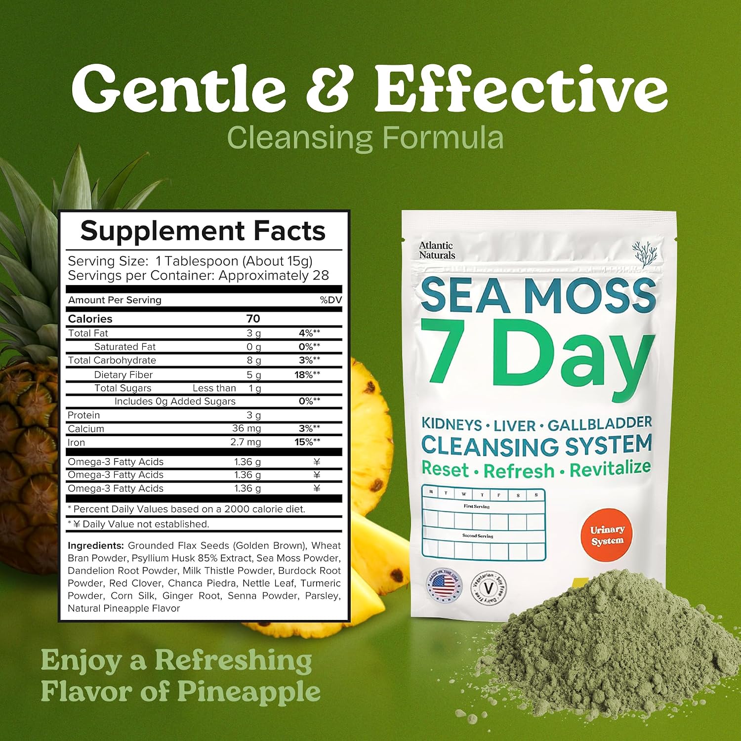 Atlantic Naturals Sea Moss 7 Day Detox - Depuración Natural de Hígado, Vesícula y Riñones - Sabor Piña (397g)