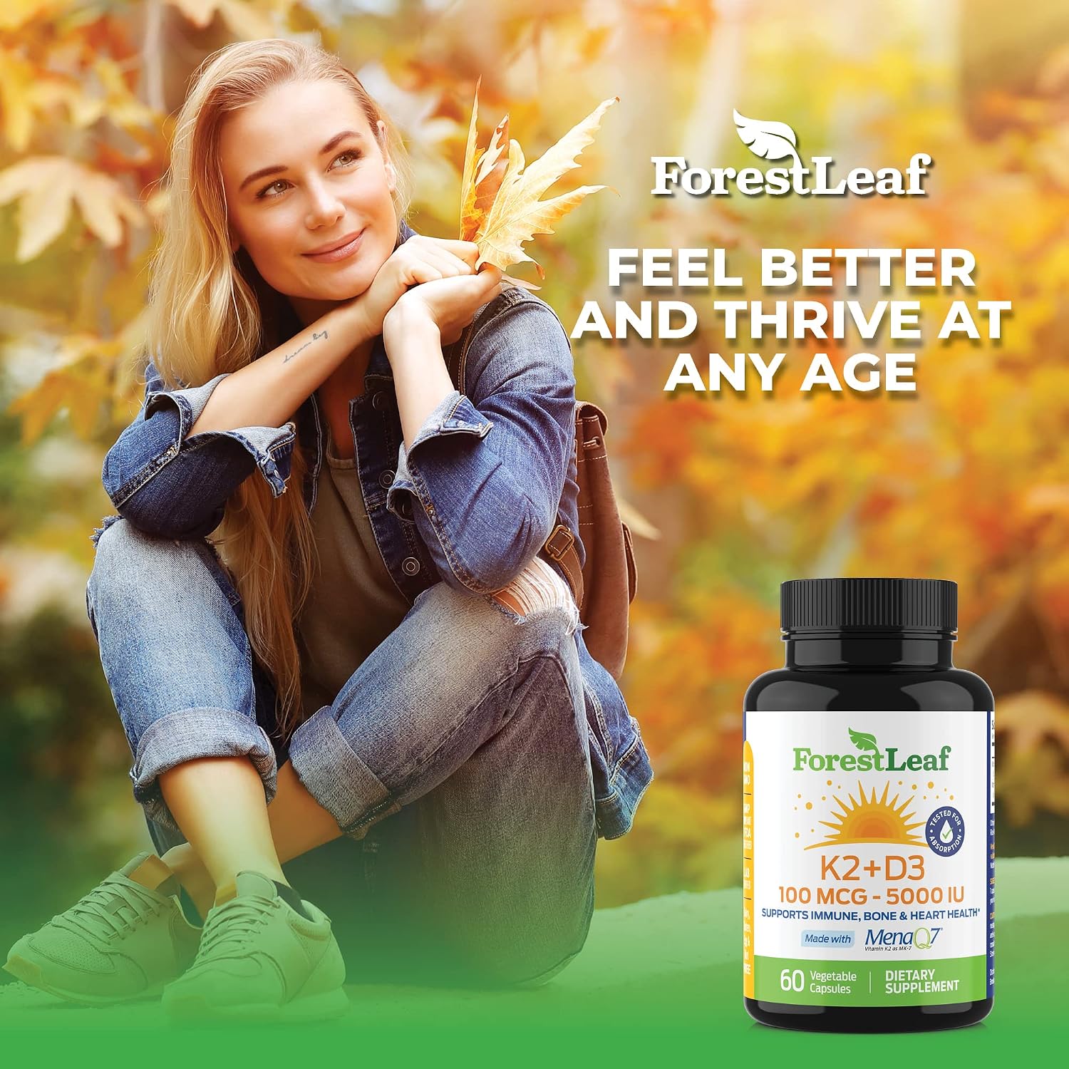 ForestLeaf Vitamina D3 + K2 (MK7) MenaQ7 - 5000 UI - 60 Cápsulas Vegetales
