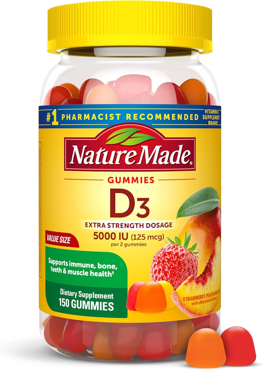Nature Made Vitamina D3 5000 UI Gominolas Extra Strength, 150 Gominolas