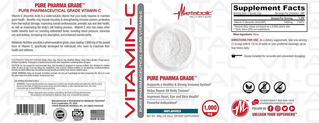 Metabolic Nutrition Vitamina C, 1000 mg, Ácido Ascórbico Puro, 300 g