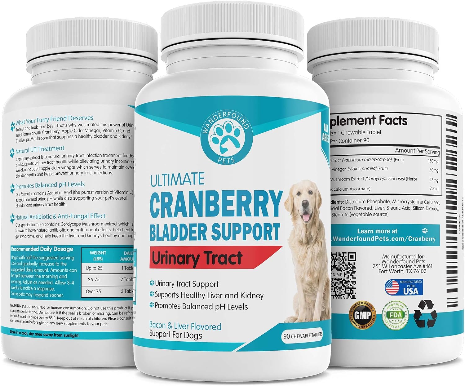Wanderfound Pets Ultimate Cranberry – Apoyo para la vejiga e infecciones urinarias en perros – 90 comprimidos masticables sabor bacon e hígado