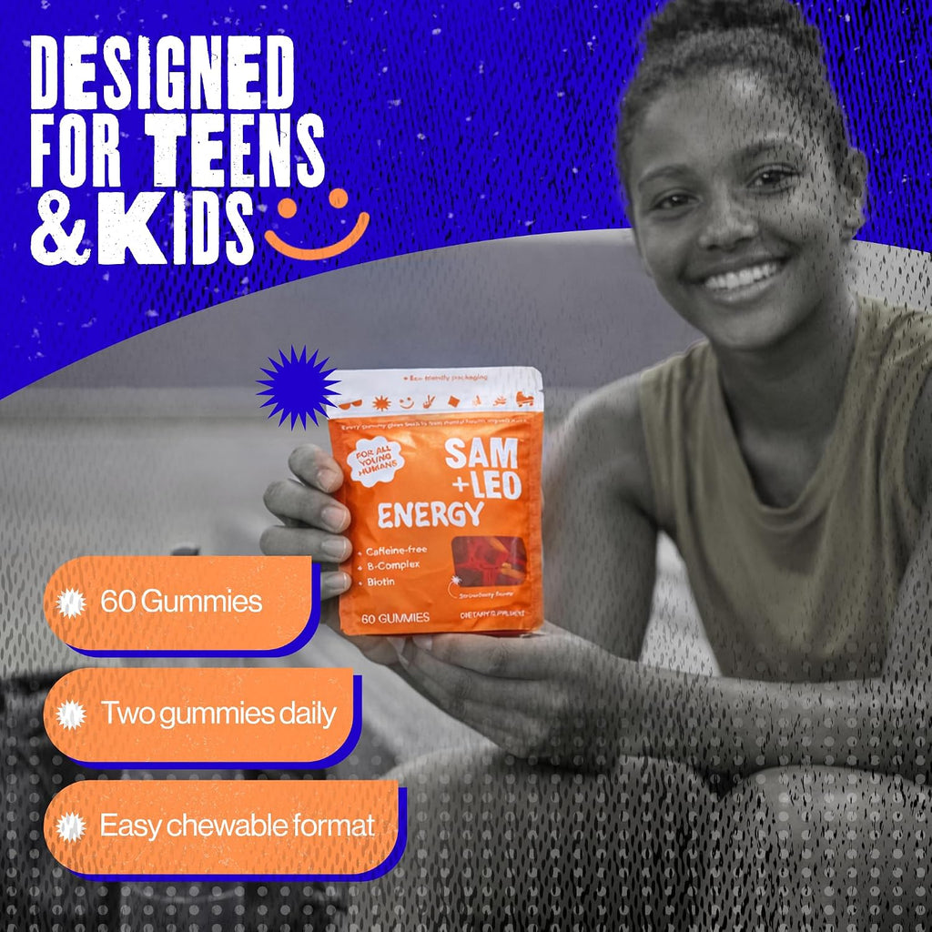 SAM+LEO Gominolas de Complejo B con Biotina para Niños y Adolescentes - Sin Cafeína - Sabor Fresa (60 uds)