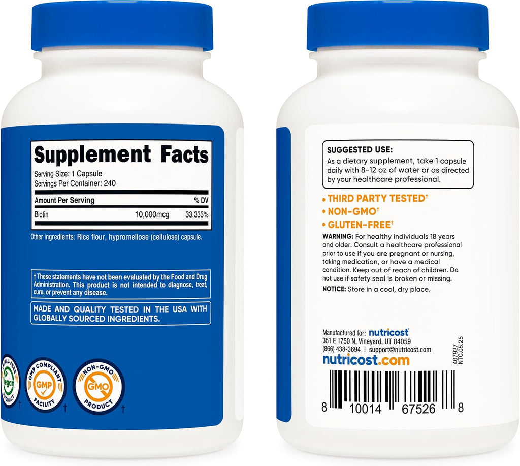 Nutricost Biotin (Vitamin B7) 10,000 mcg, 240 Capsules - Vegan, Gluten-Free Supplement