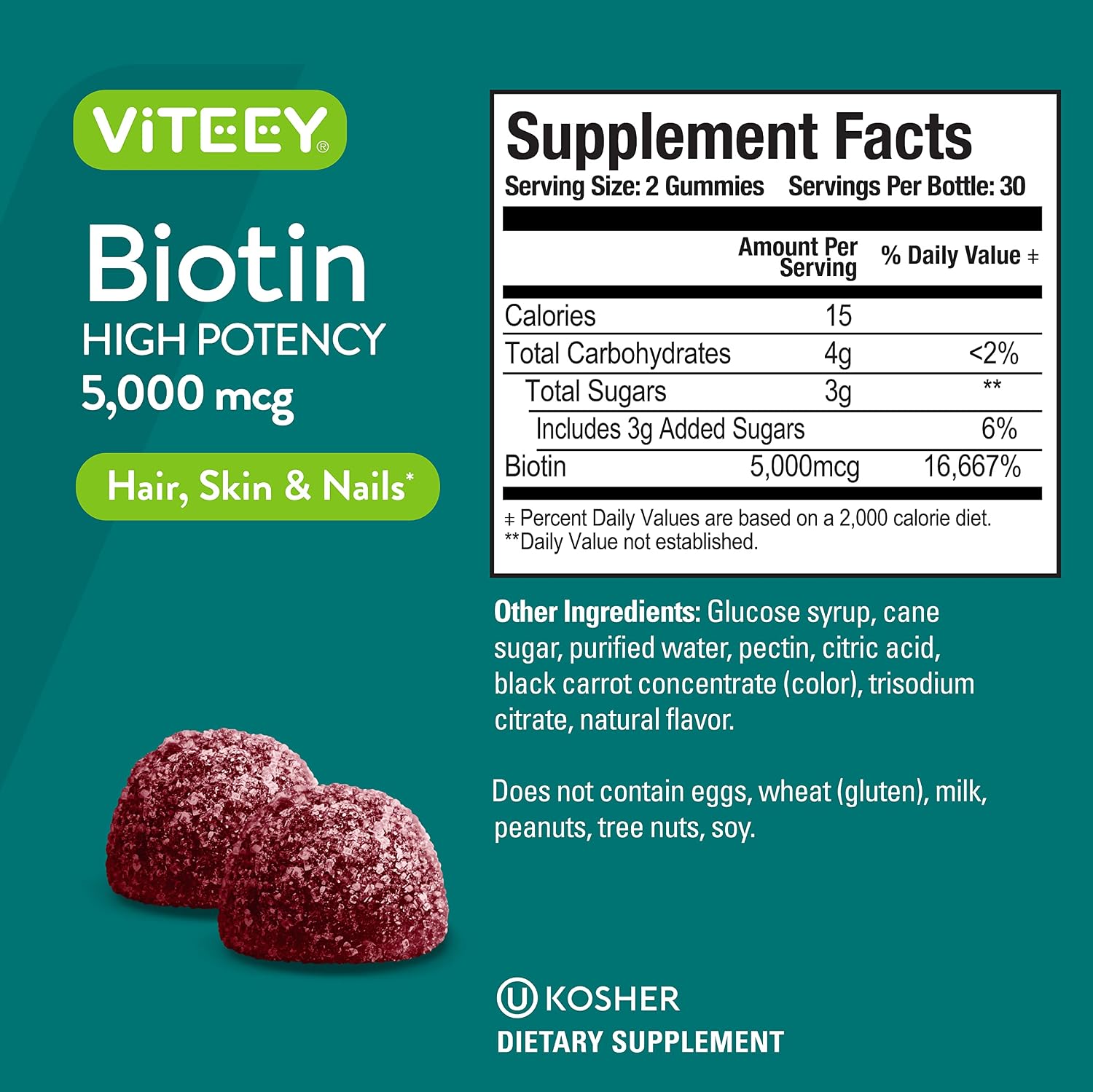 Viteey Biotina Gominolas – 5000 mcg – 120 Gominolas para Cabello, Piel y Uñas