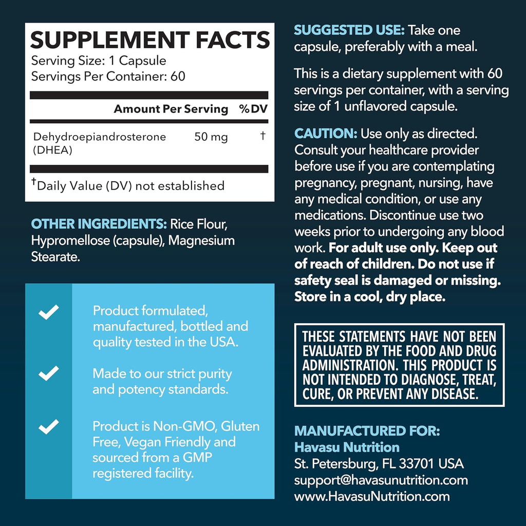 DHEA 50mg - Suplemento de Dehidroepiandrosterona para Hombres y Mujeres - 60 Cápsulas Veganas