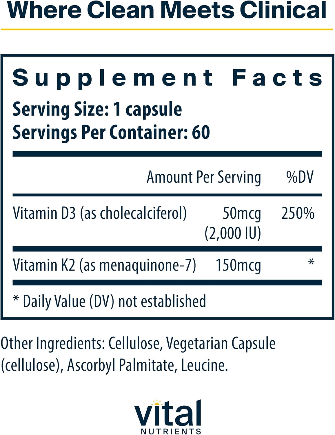 Vital Nutrients Vitamina D3 + K2 | 2000 UI | 60 Cápsulas