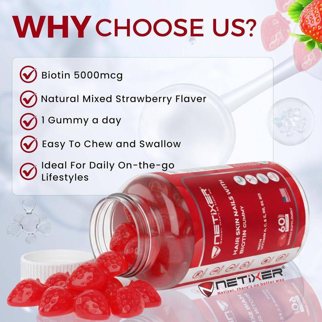 nETiXER Biotin Gummies 5000 mcg | Multivitamin Gummies | Vitamins A C D E B6 B12 with Zinc | Strawberry Flavor | Vegan | Individually Wrapped | 60 Count