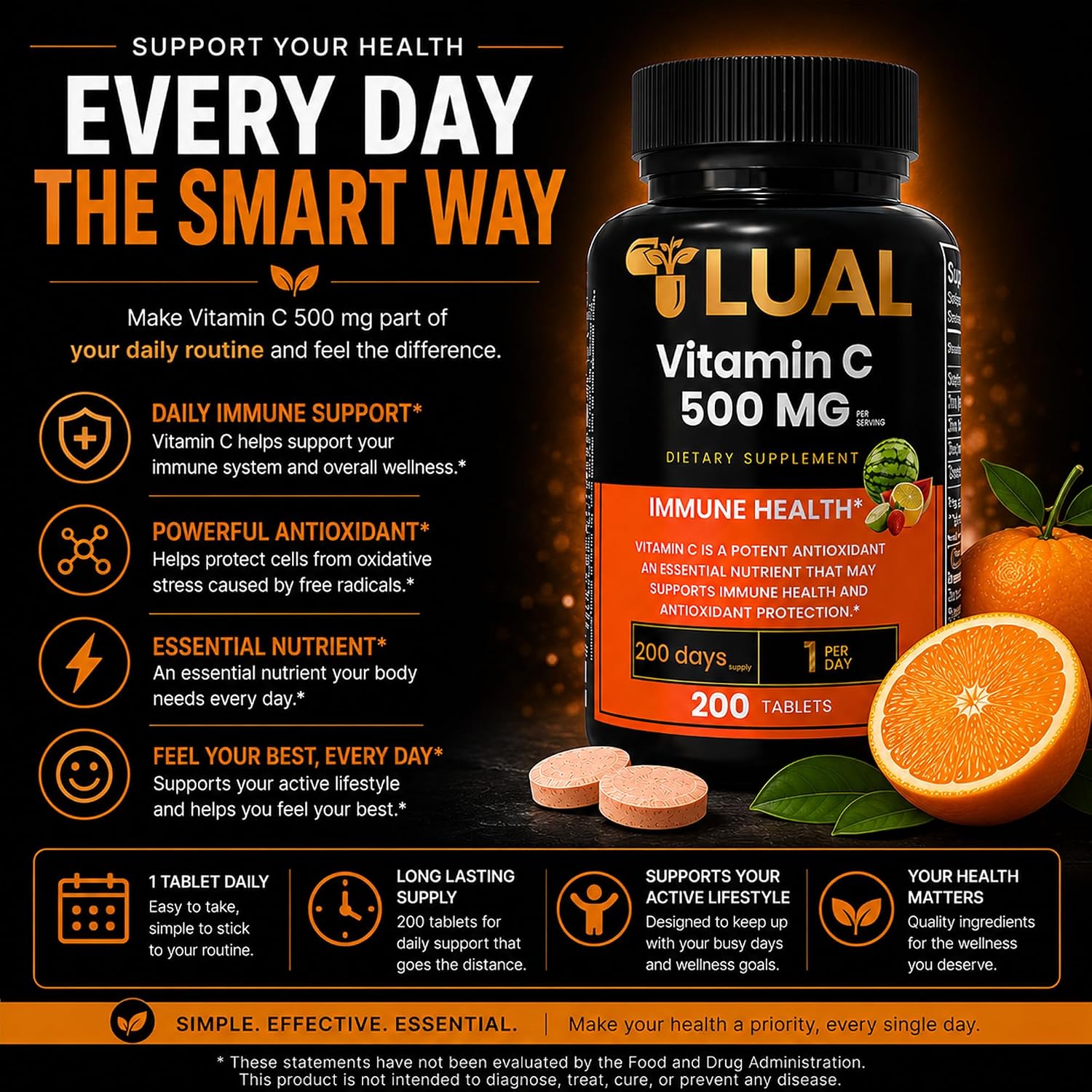 LUAL Vitamina C 500 mg Comprimidos Masticables Sabor Tropical, 200 Unidades