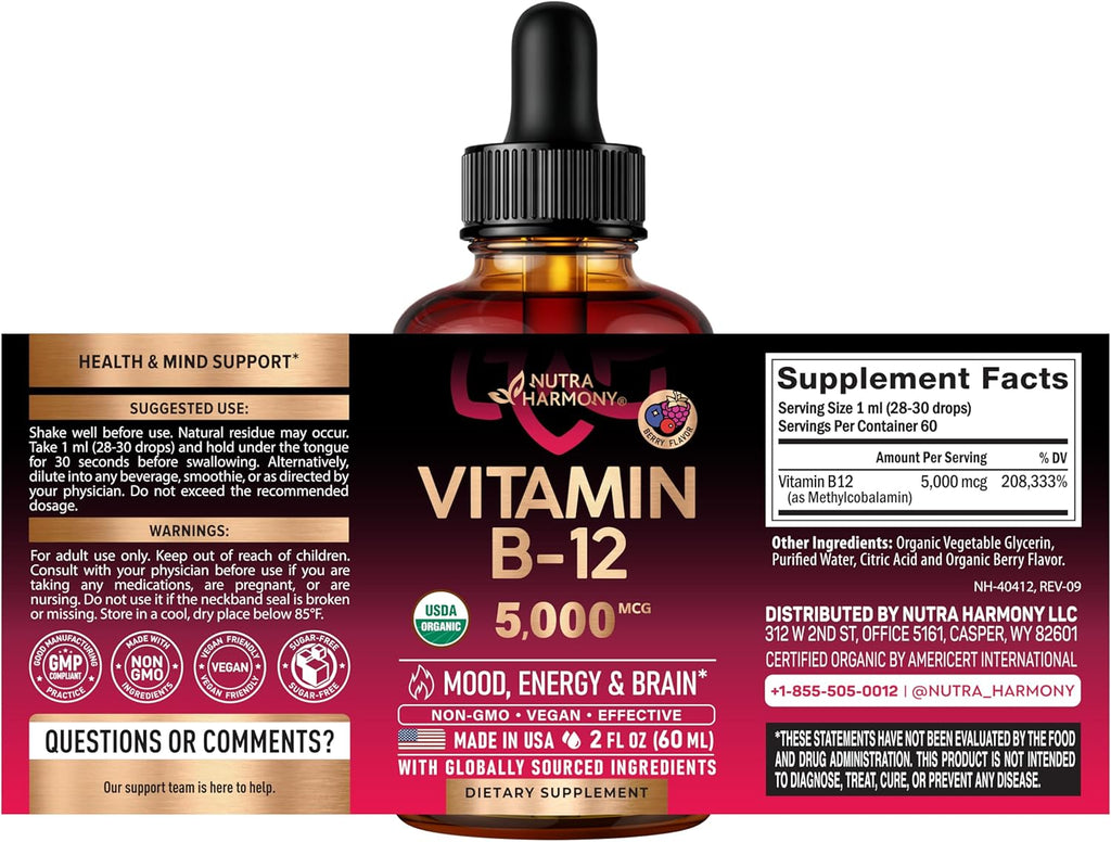 Vitamina B12 Orgánica Gotas Sublinguales - 5000 mcg Metilcobalamina Vegano - 60 ml